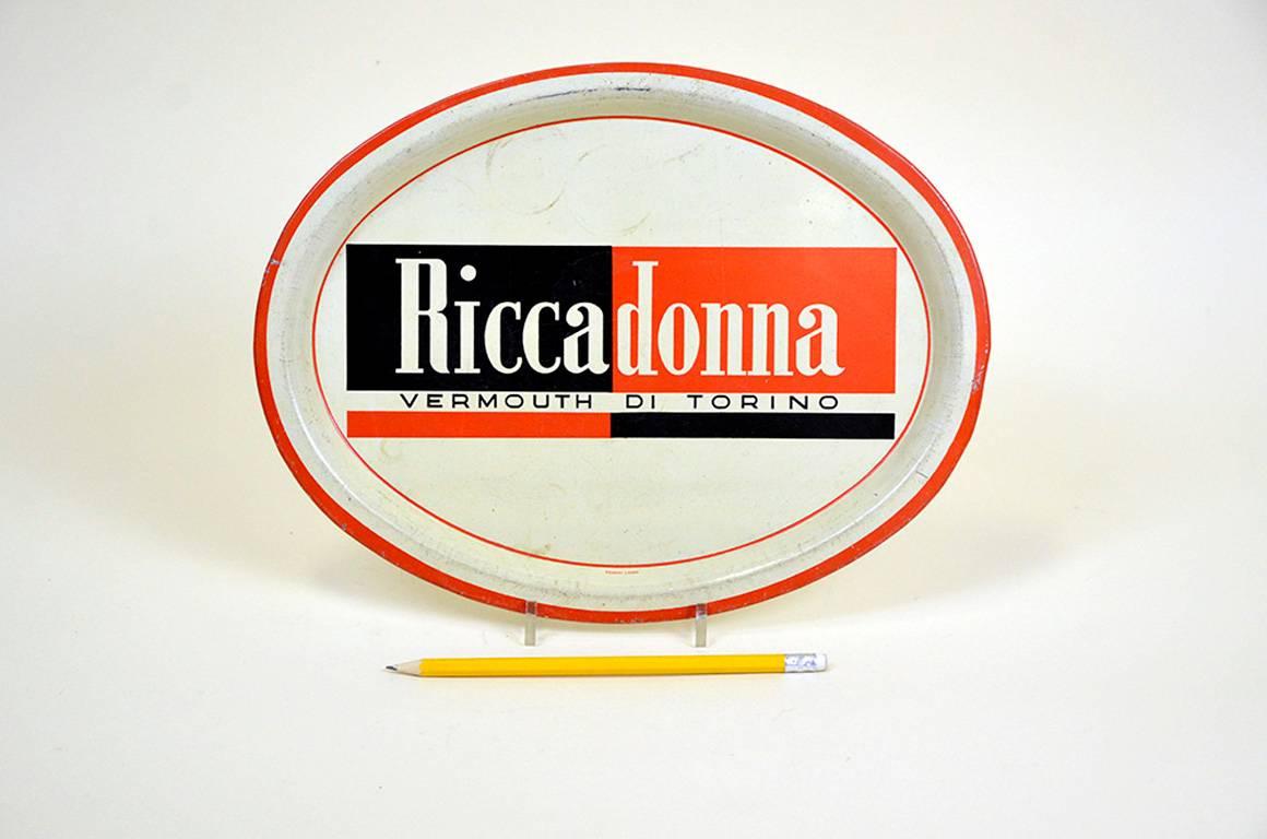 Mid-Century Modern 1960s Vintage Oval Tin Metal Bar Tray Riccadonna Made in Italy