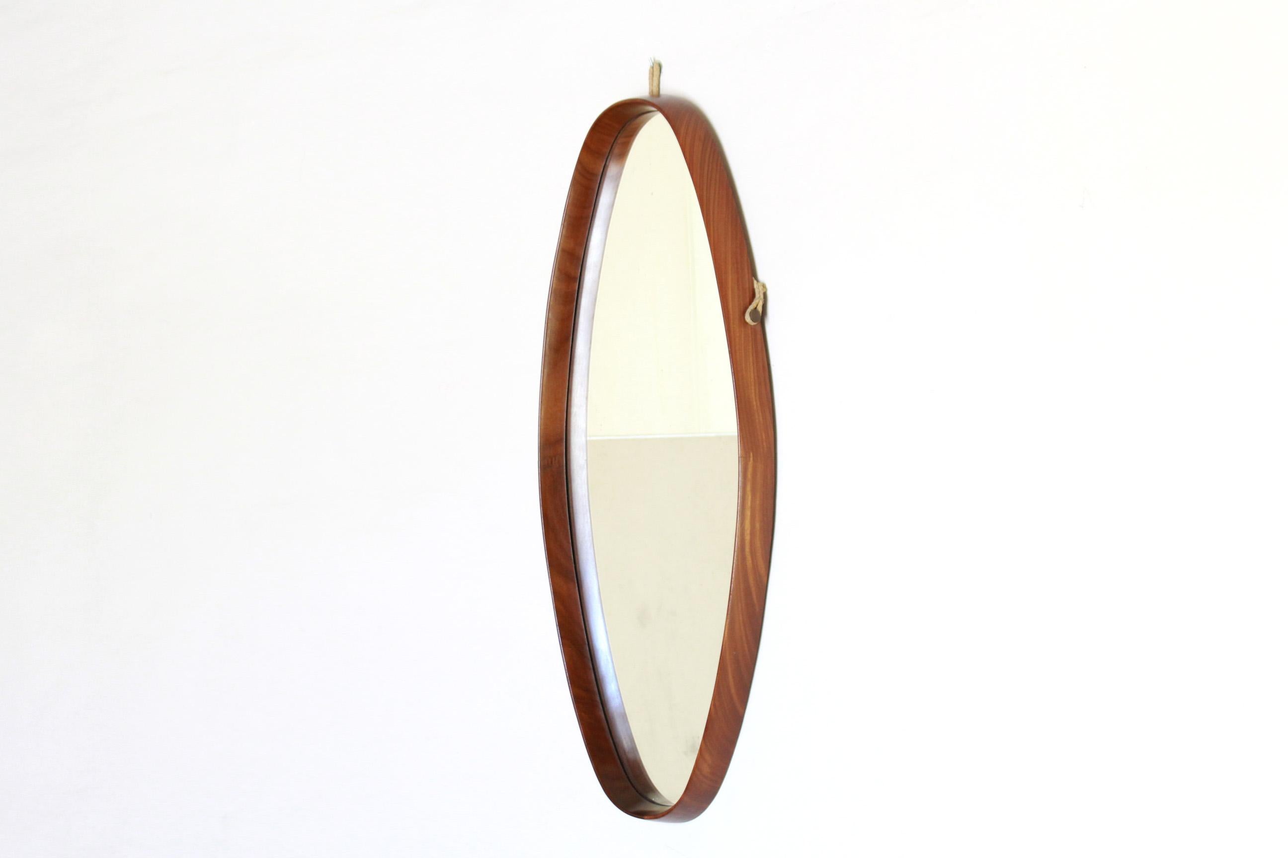 Mid-Century Modern 1960s Vintage Oval Wall Mirror with Teak Frame