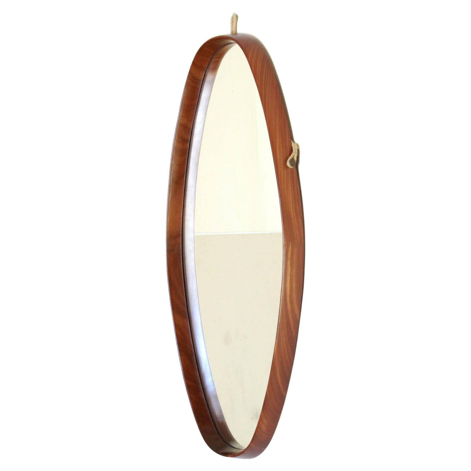1960s Vintage Oval Wall Mirror with Teak Frame