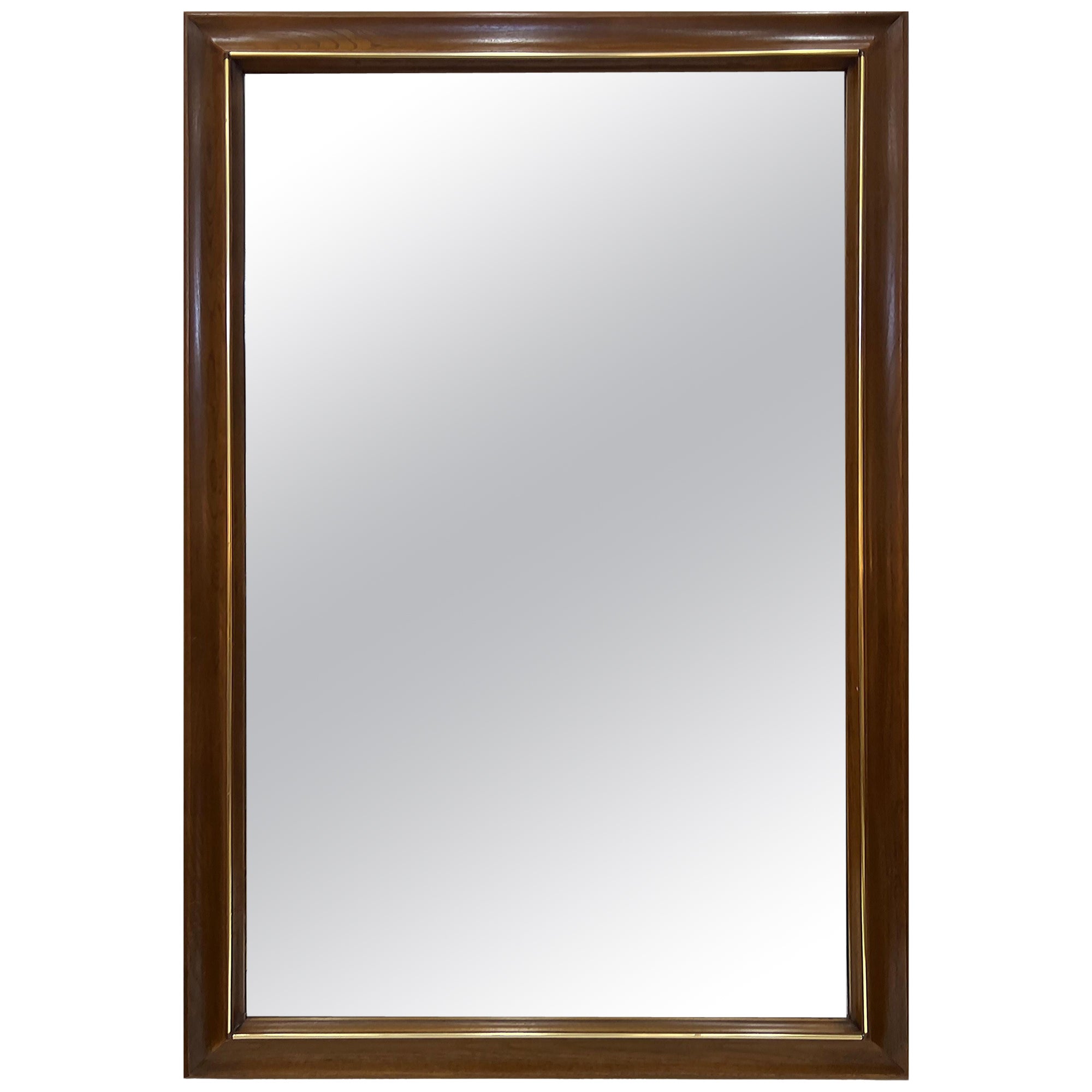 1960s Vintage Overscale Walnut, Brass Campaign-Style Mirror