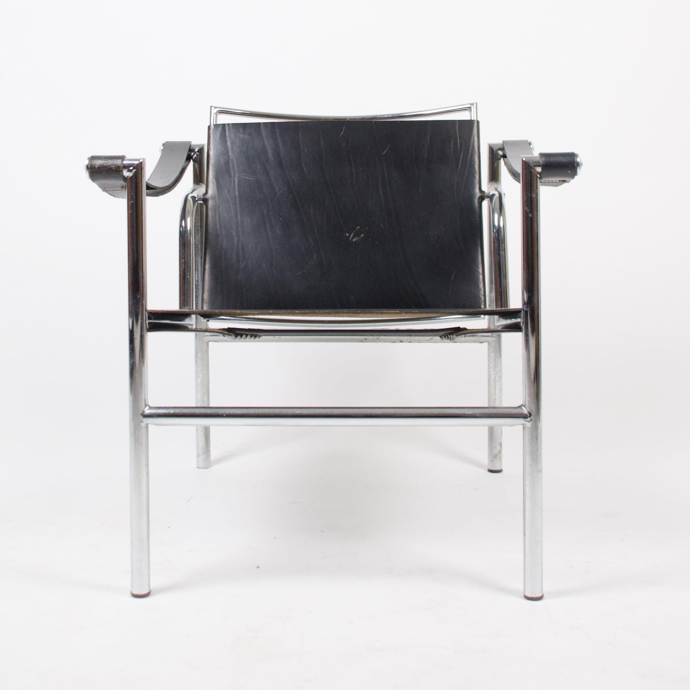 Listed for sale is an original pair of Le Corbusier LC1 Basculant chairs, dating to the 1960's. The chairs are in marvelous and original condition, showing beautiful patina to the leather.

The chairs were acquired from a prominent architect in