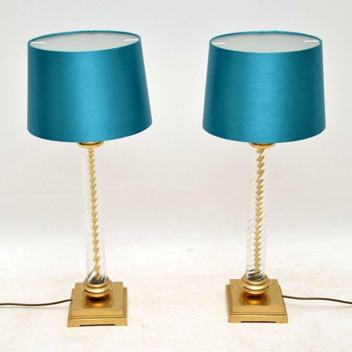 Mid-Century Modern 1960s Vintage Pair of Glass and Brass Table Lamps