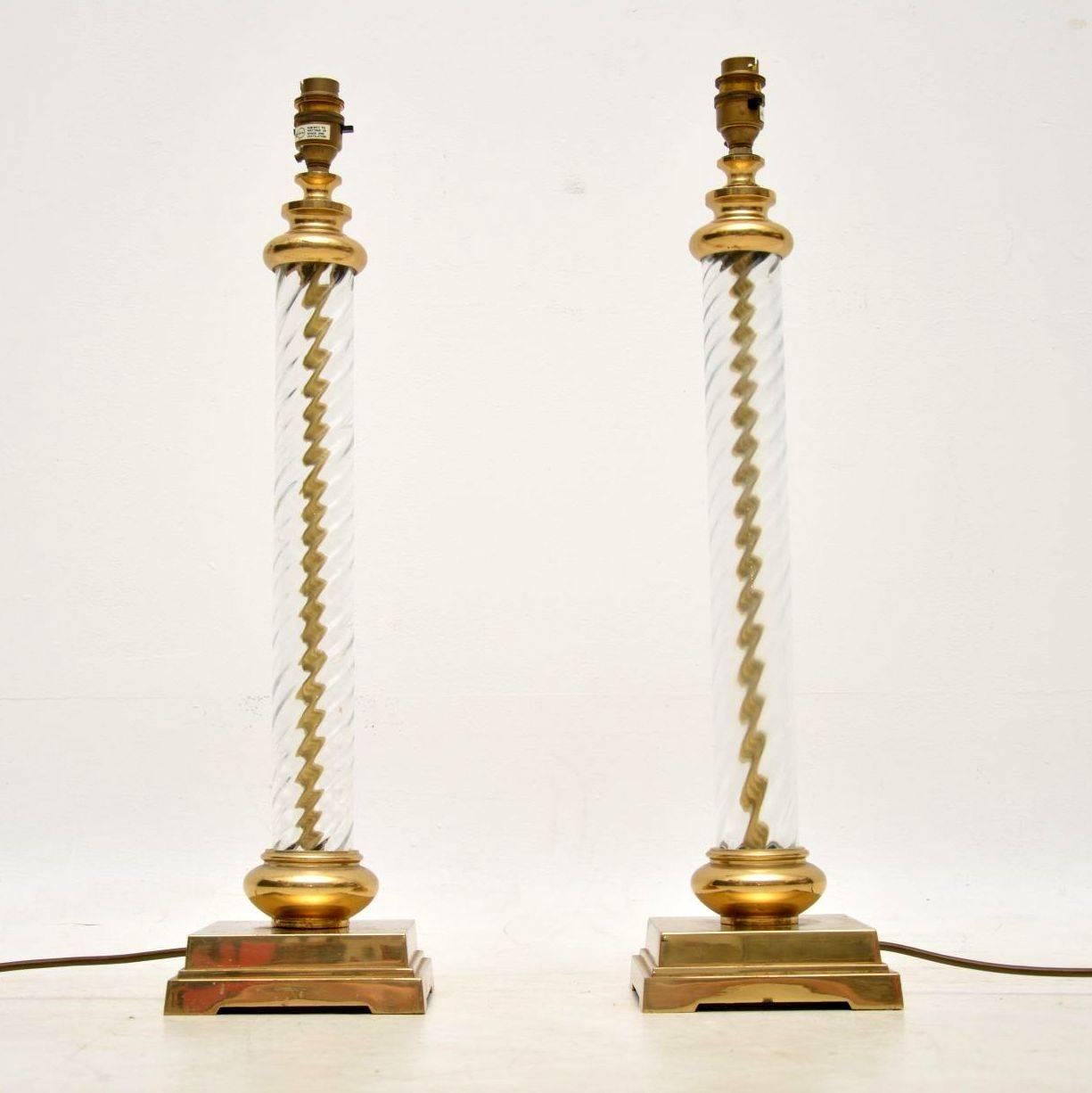 English 1960s Vintage Pair of Glass and Brass Table Lamps