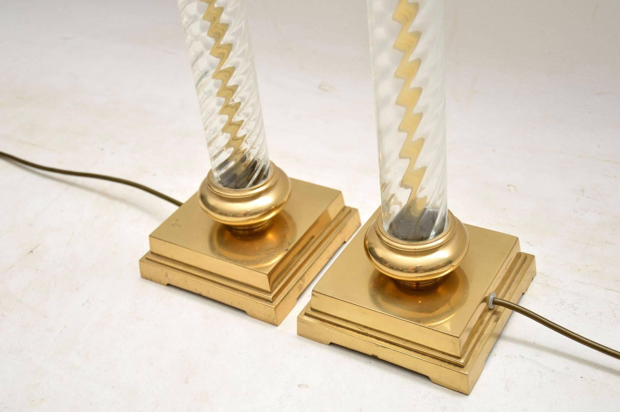 1960s Vintage Pair of Glass and Brass Table Lamps 3