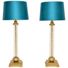 1960s Vintage Pair of Glass and Brass Table Lamps