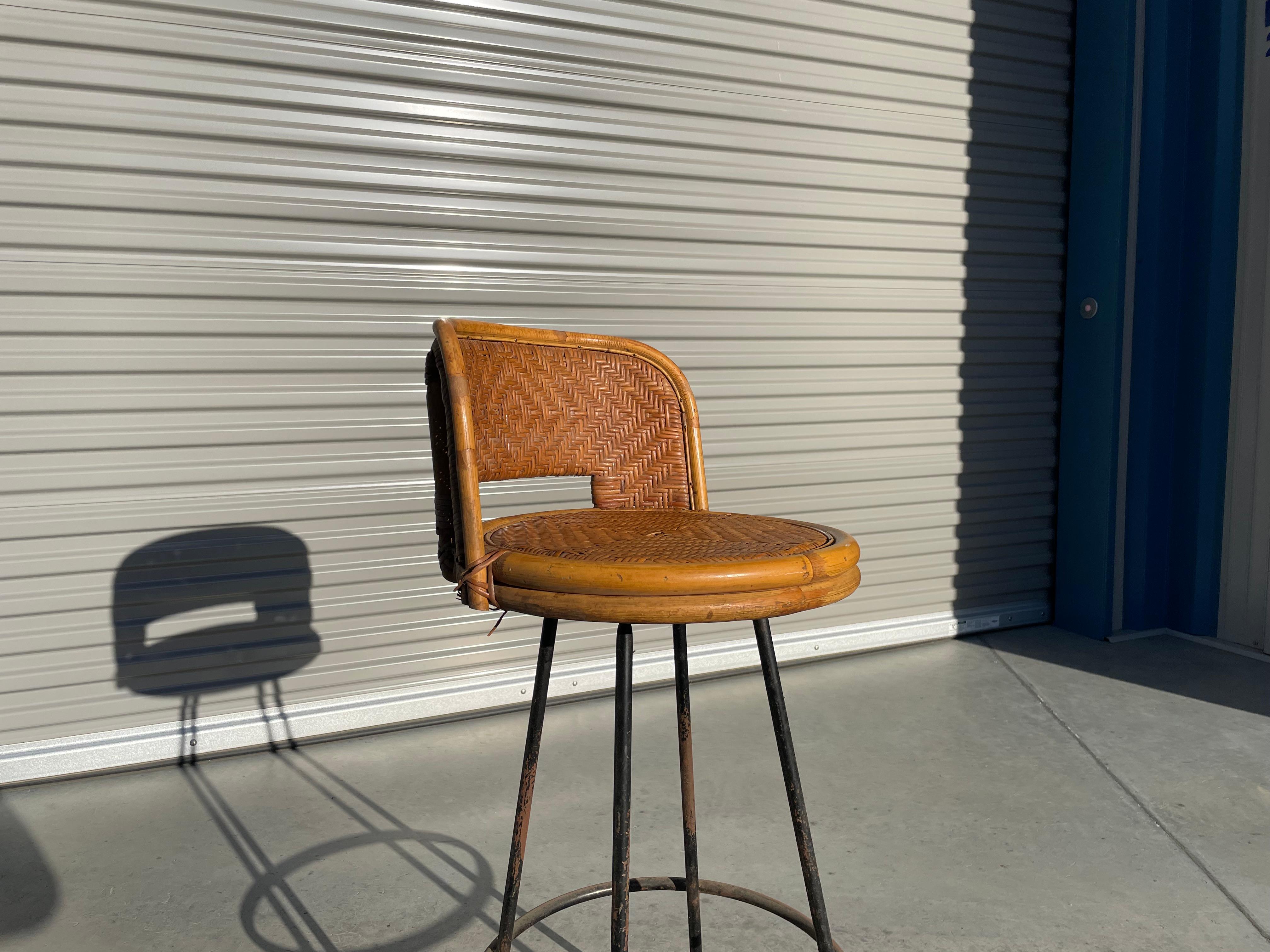 Mid-Century Modern 1960s Vintage Pair of Wicker Swivel Counter Stool Styled After Danny Ho Fong