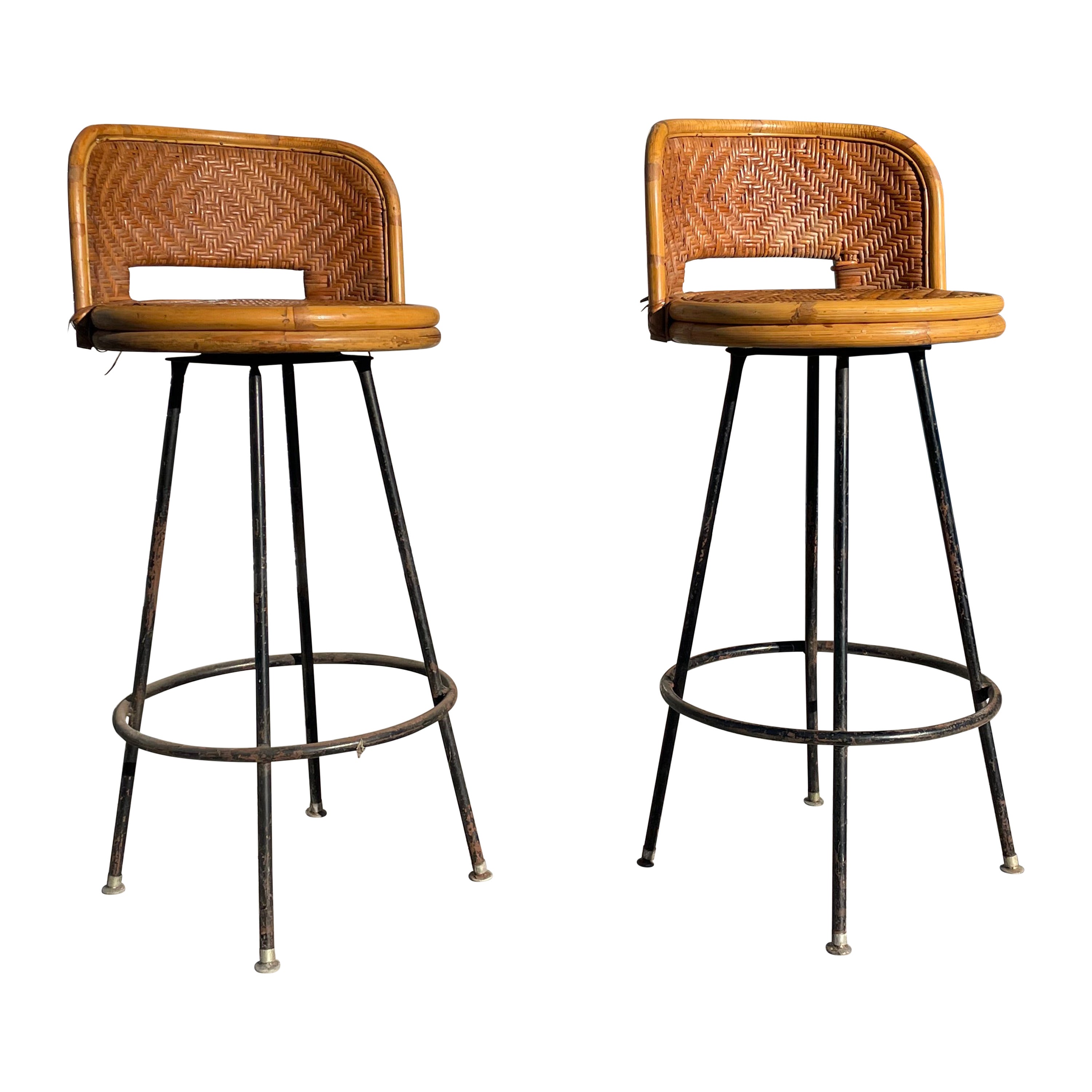 1960s Vintage Pair of Wicker Swivel Counter Stool Styled After Danny Ho Fong