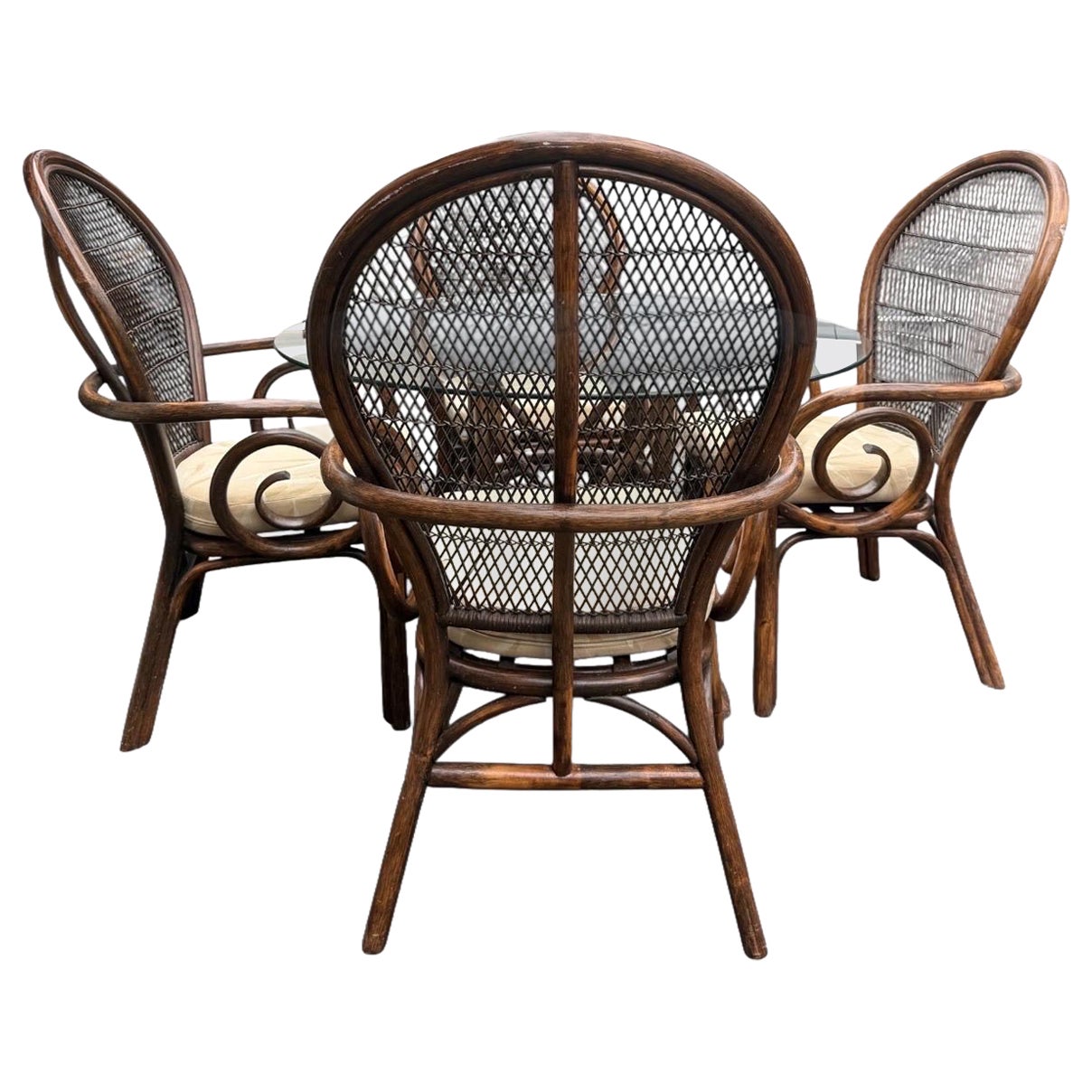 1960s Vintage Peacock Chairs Ficks Reed Style Rattan Patio Wicker Dining Set