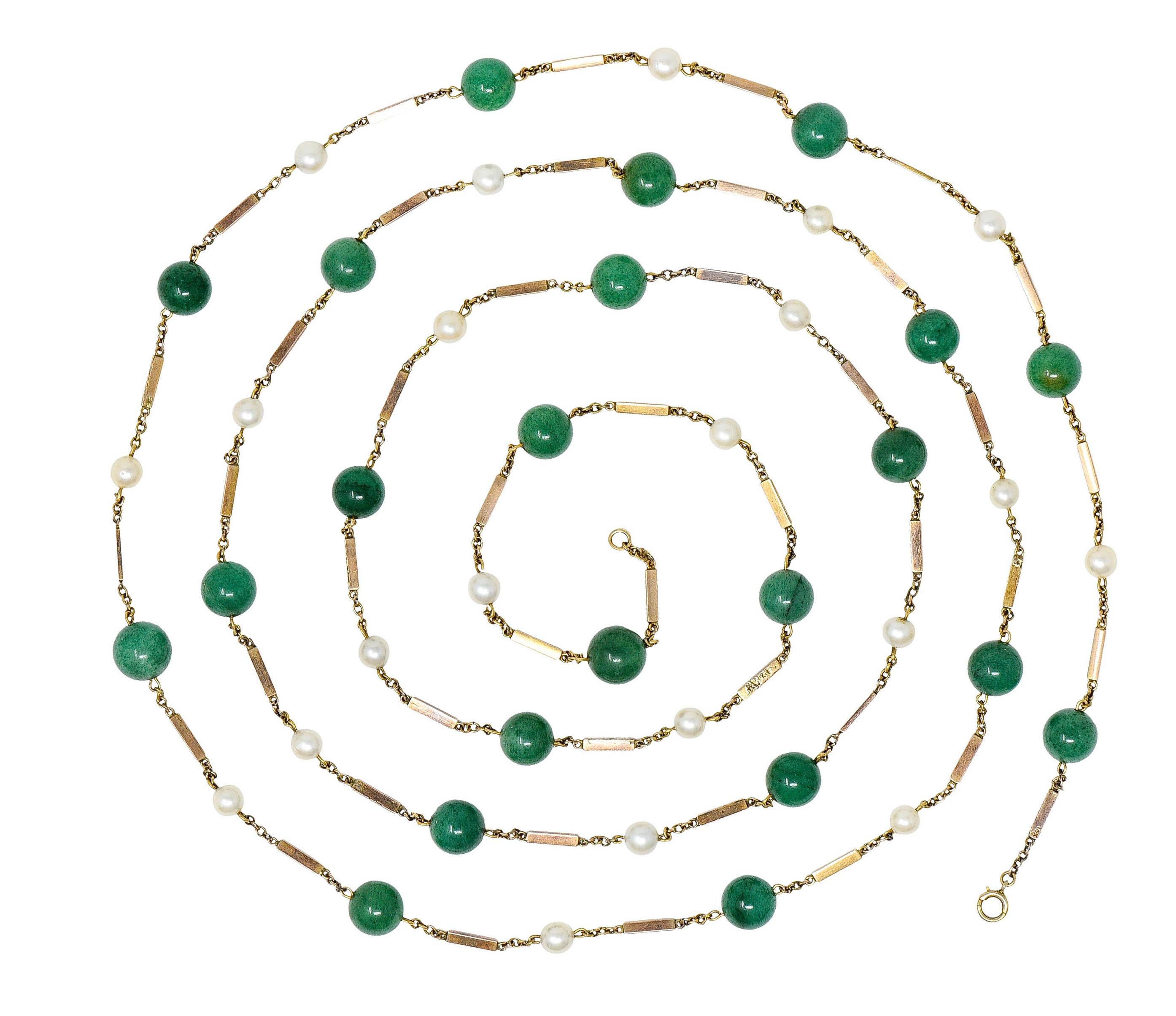 Long chain necklace is intermittent with pearl, aventurine, and bar stations

Pearls are approximately 6.0 mm with well matched cream body color and good to very good luster

Aventurine are approximately 10.0 mm and very well matched with mild to