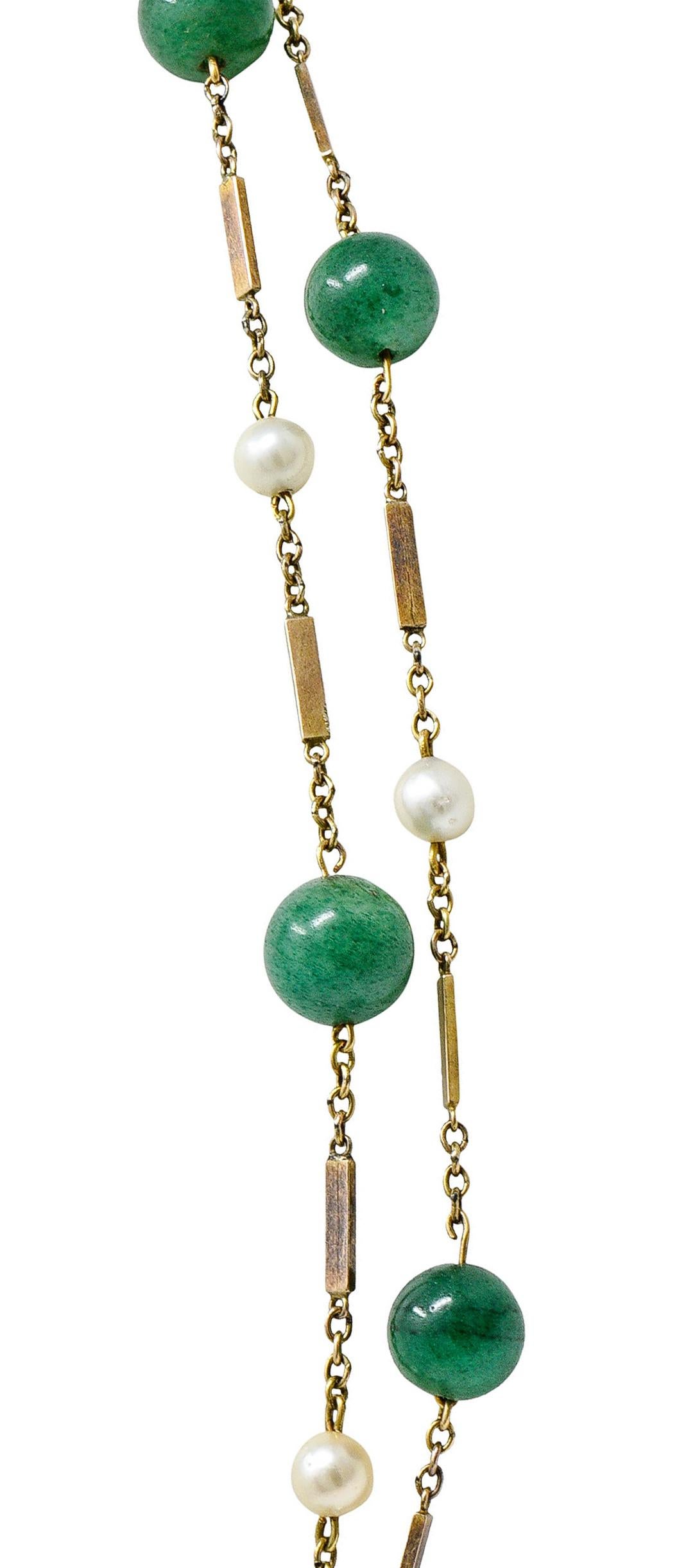 1960's Vintage Pearl Aventurine 14 Karat Gold 62 Inch Long Station Necklace In Excellent Condition In Philadelphia, PA