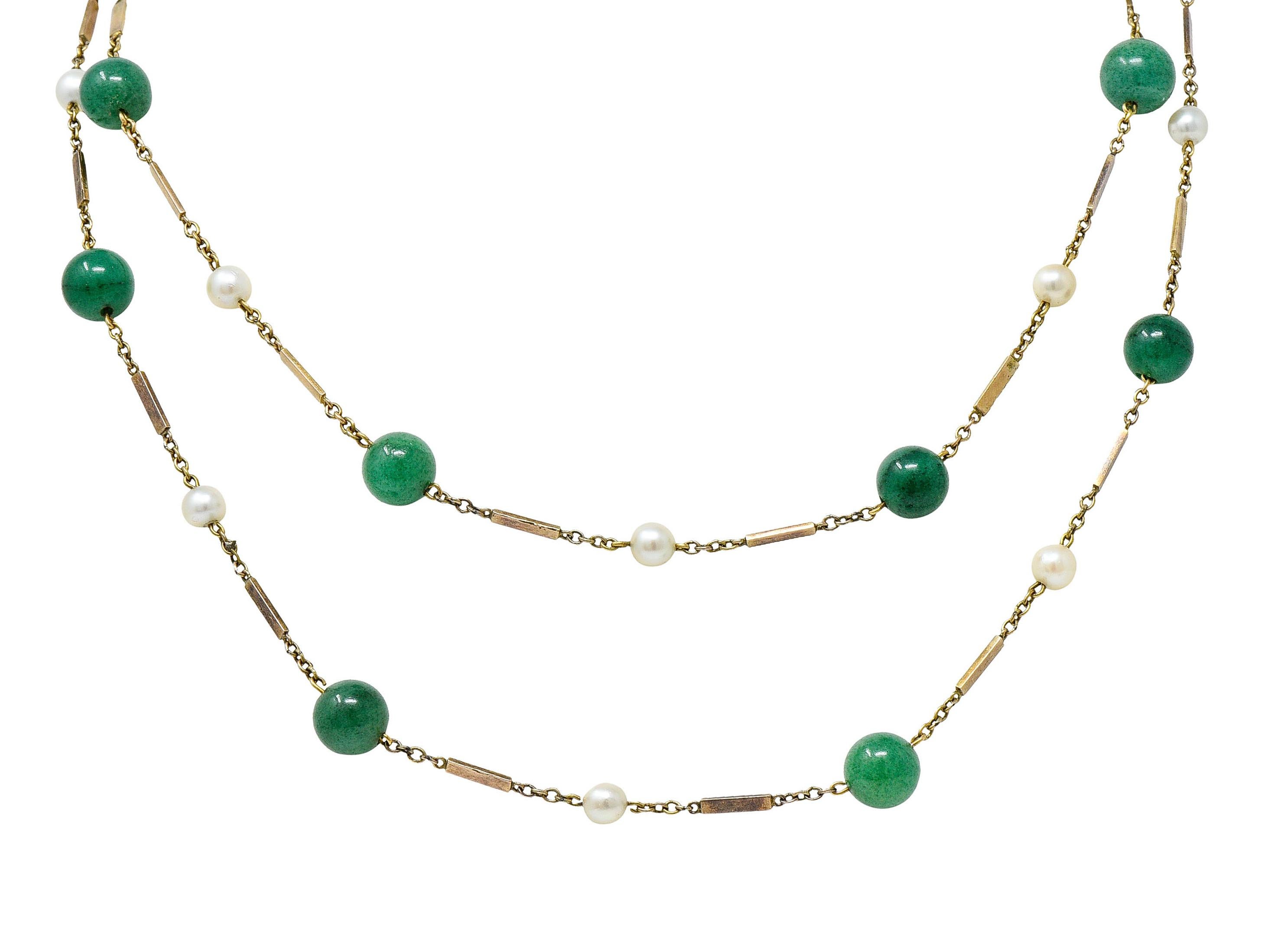 Women's or Men's 1960's Vintage Pearl Aventurine 14 Karat Gold 62 Inch Long Station Necklace