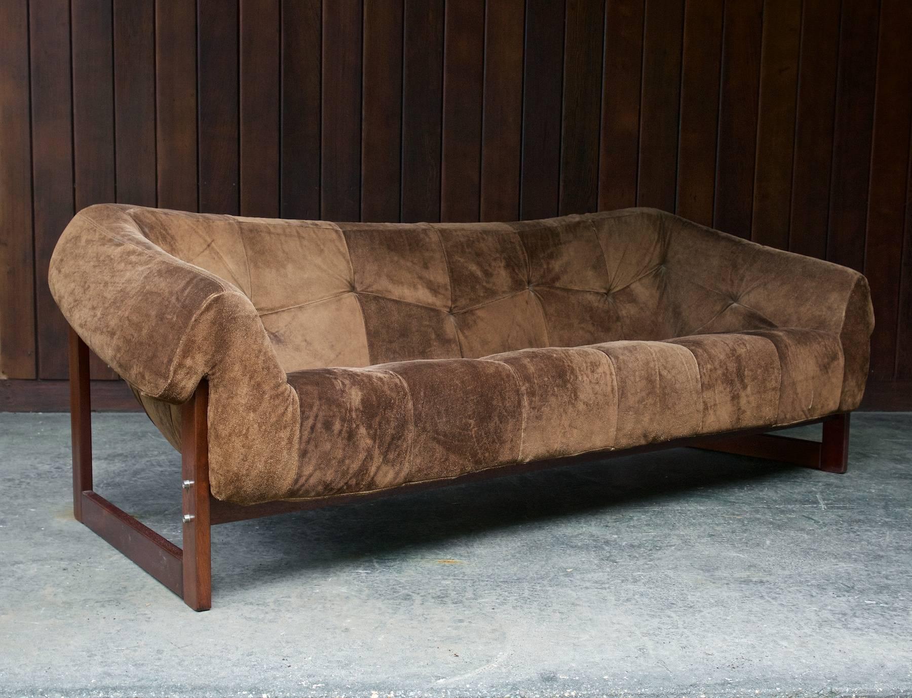 Rare three-seat sofa designed by Percival Lafer. Mfg. by Lafer S.A. in Brazil. Showing some wear to original upholstery. 

Measures: W 75 x D 32 x seat H 15 / Arm H 22 / Back H27 in.
