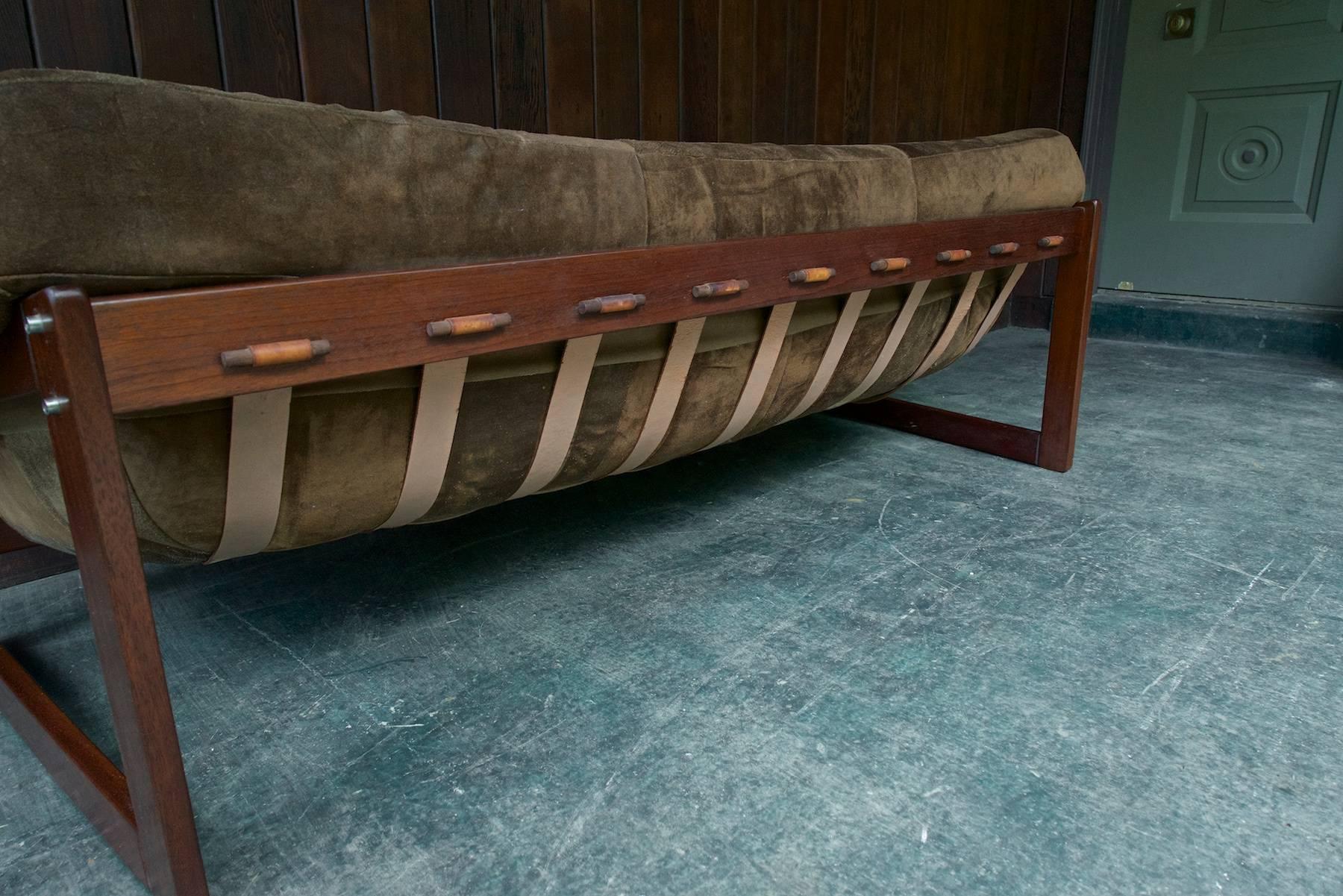 Rustic 1960s Vintage Percival Lafer Brown Suede Leather Jungle Sling Sofa Midcentury