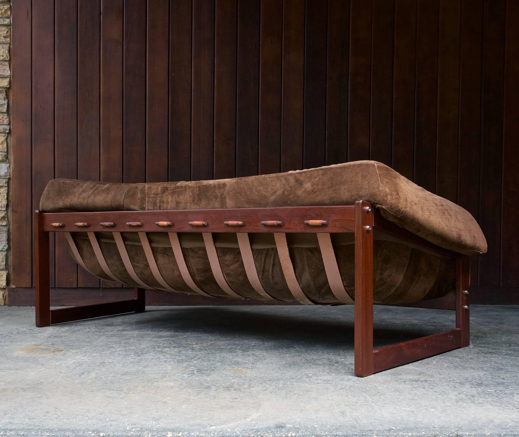 Brazilian 1960s Vintage Percival Lafer Brown Suede Leather Jungle Sling Sofa Midcentury