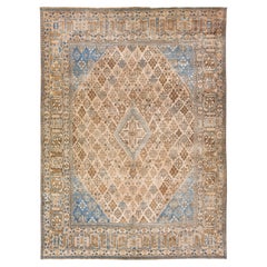 Tappeto persiano vintage del 1960 in lana con medaglione fatto a mano di colore beige