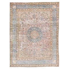 1960s Vintage Persian Distressed Handmade Floral Rose Wool Rug