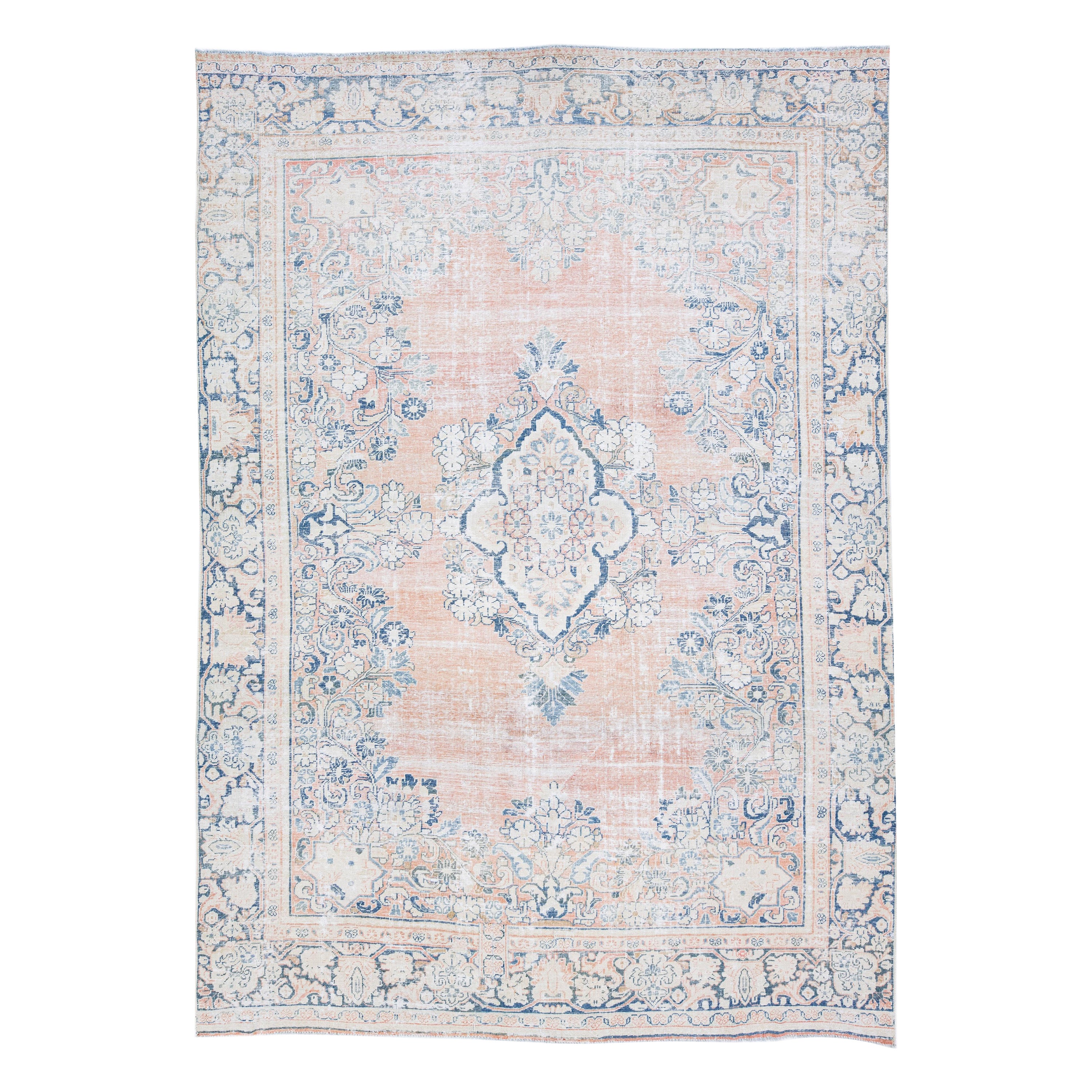 1960s Vintage Persian Heriz Handmade Medallion Wool Rug In Peach