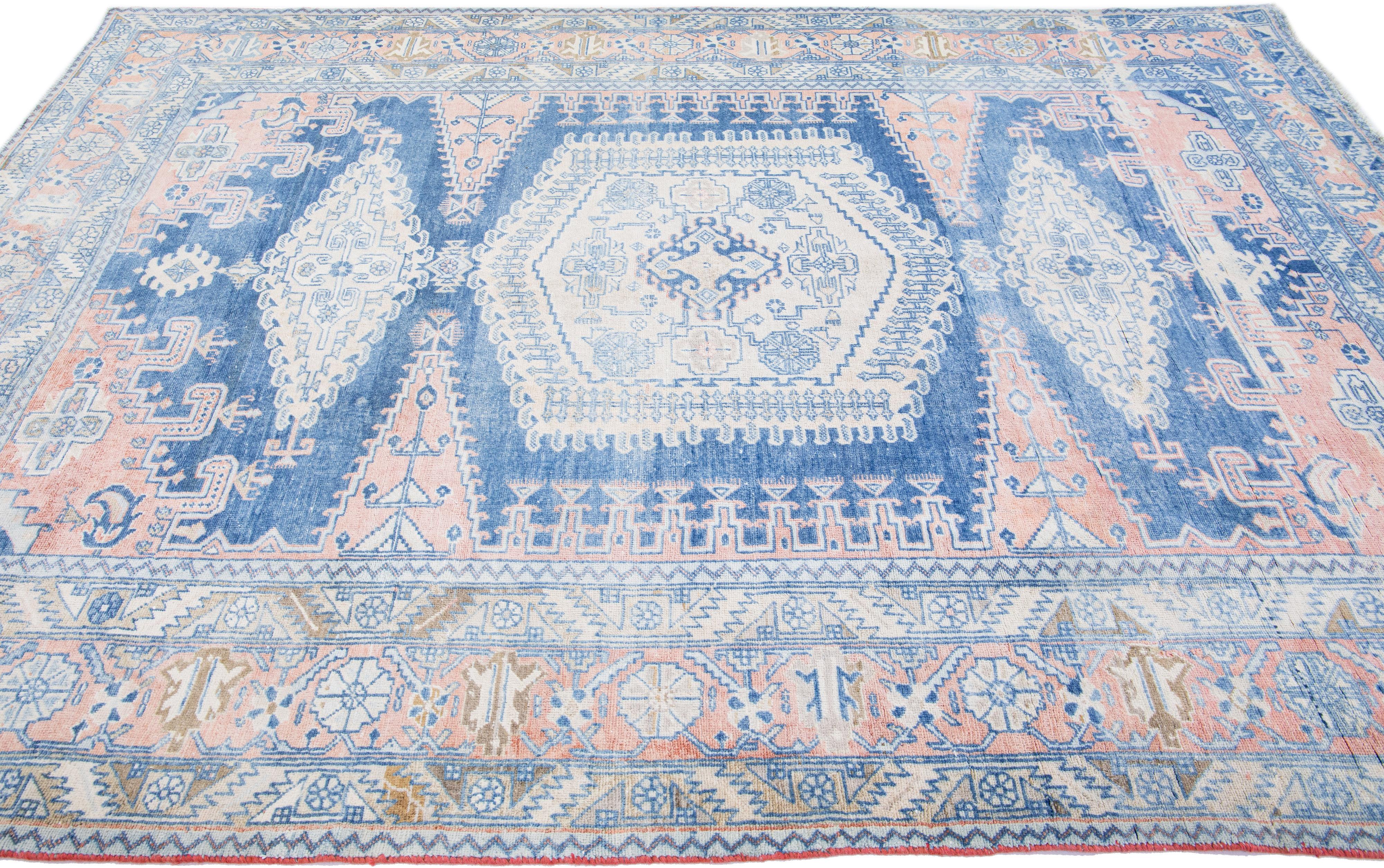 1960s Vintage Persian Shabby Chic Handmade Medallion Navy Blue Wool Rug In Good Condition For Sale In Norwalk, CT