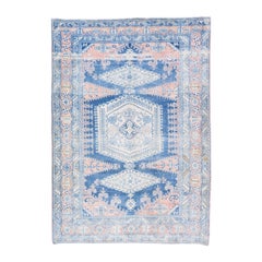 Alfombra de lana azul marino con medallón hecha a mano en estilo shabby chic persa de los años 60