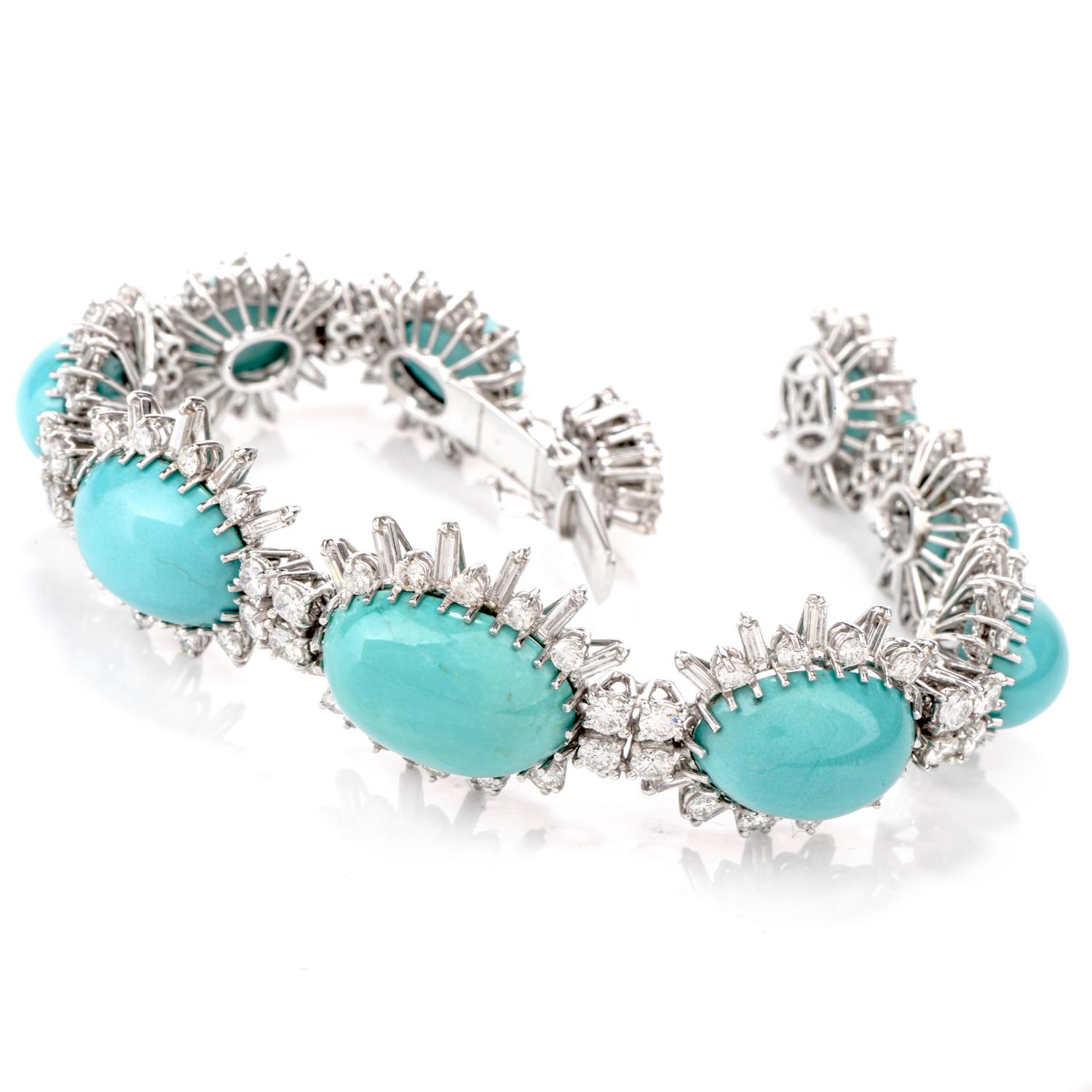 This beautiful vintage 1960's Persian Turquoise bracelet was inspired in a starburst motif

and crafted in 18 Karat white gold.

Cnetered in each link are tapering pieces of oval shaped Turquoise

ranging from 18.5 x 13.5mm to 11.87 x 8.80mm,