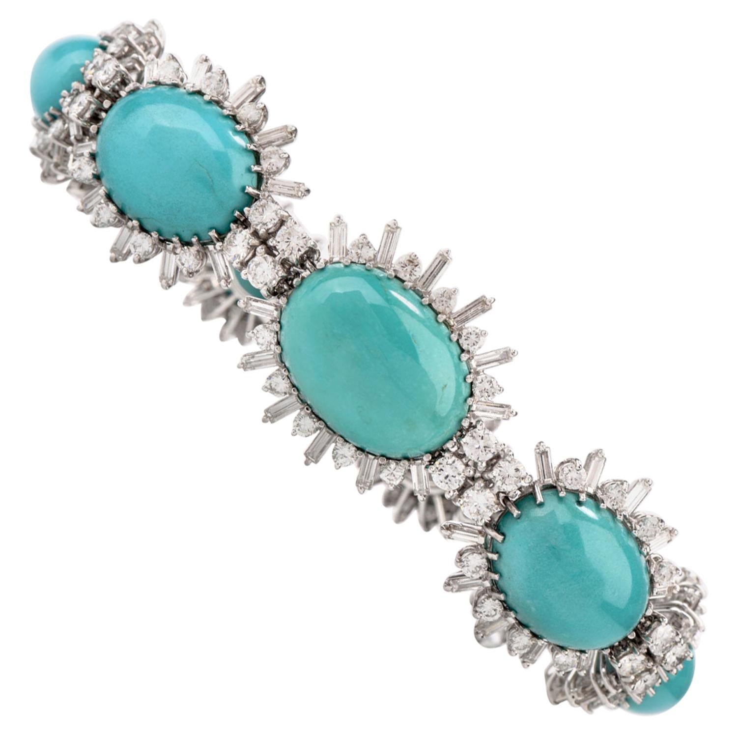 1960s Vintage Persian Turquoise Diamond 18 Karat Gold Bracelet