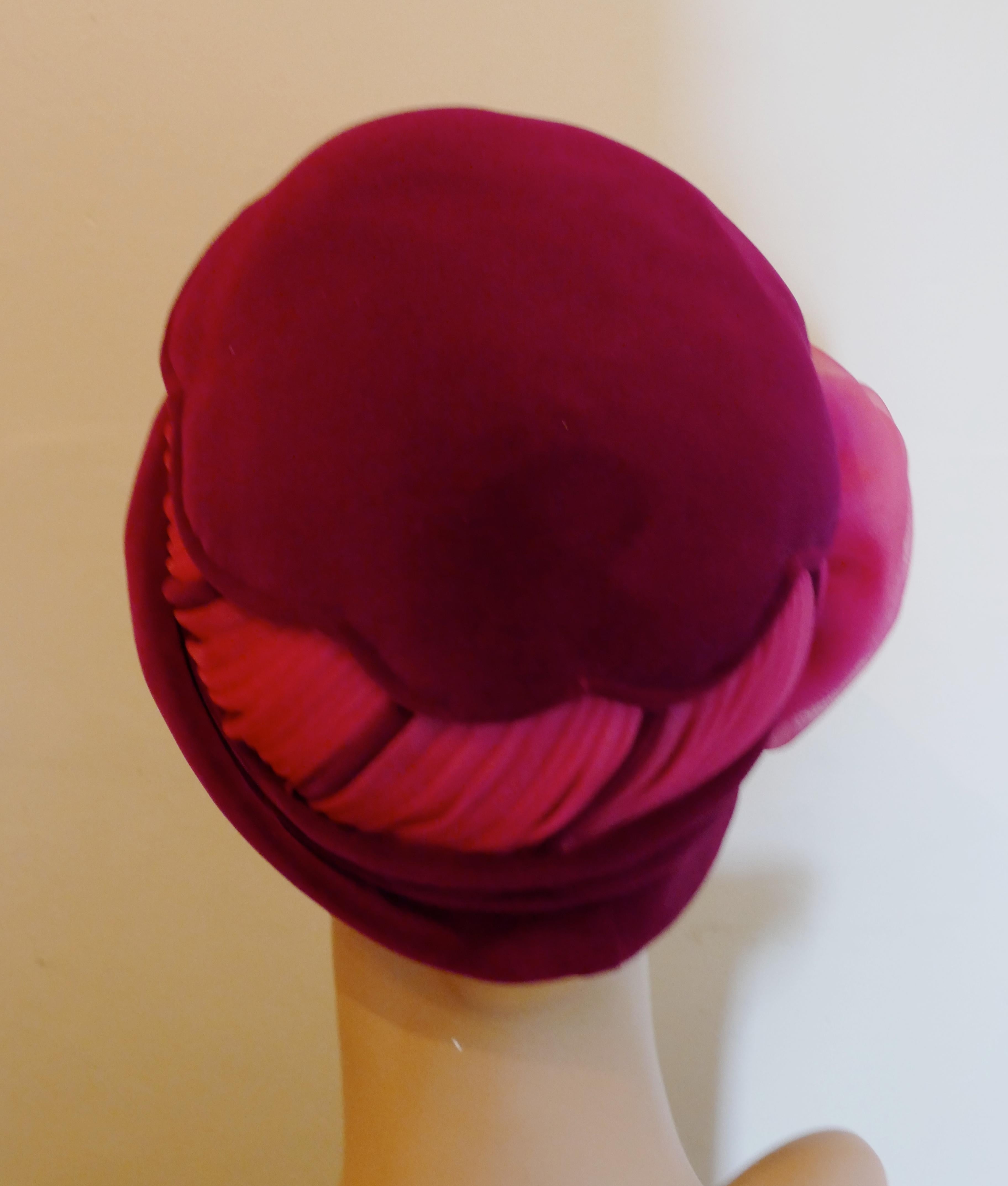 Red 1960s Vintage Plush Velvet Cloche Hat by Mitzi Lorenz London 