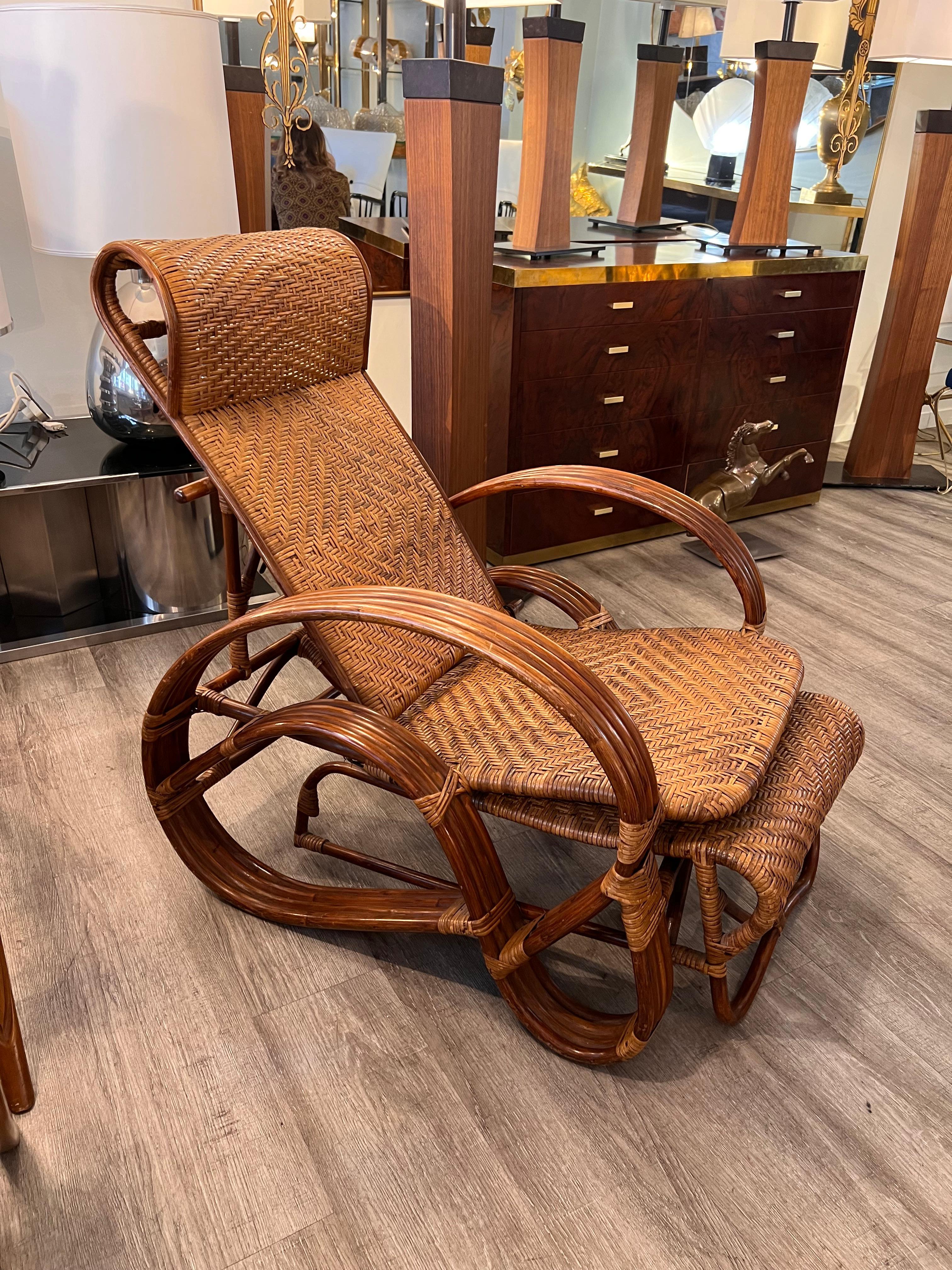 1960s Vintage Rattan and Bamboo Adjustable and Extendable Deckchair For Sale 8