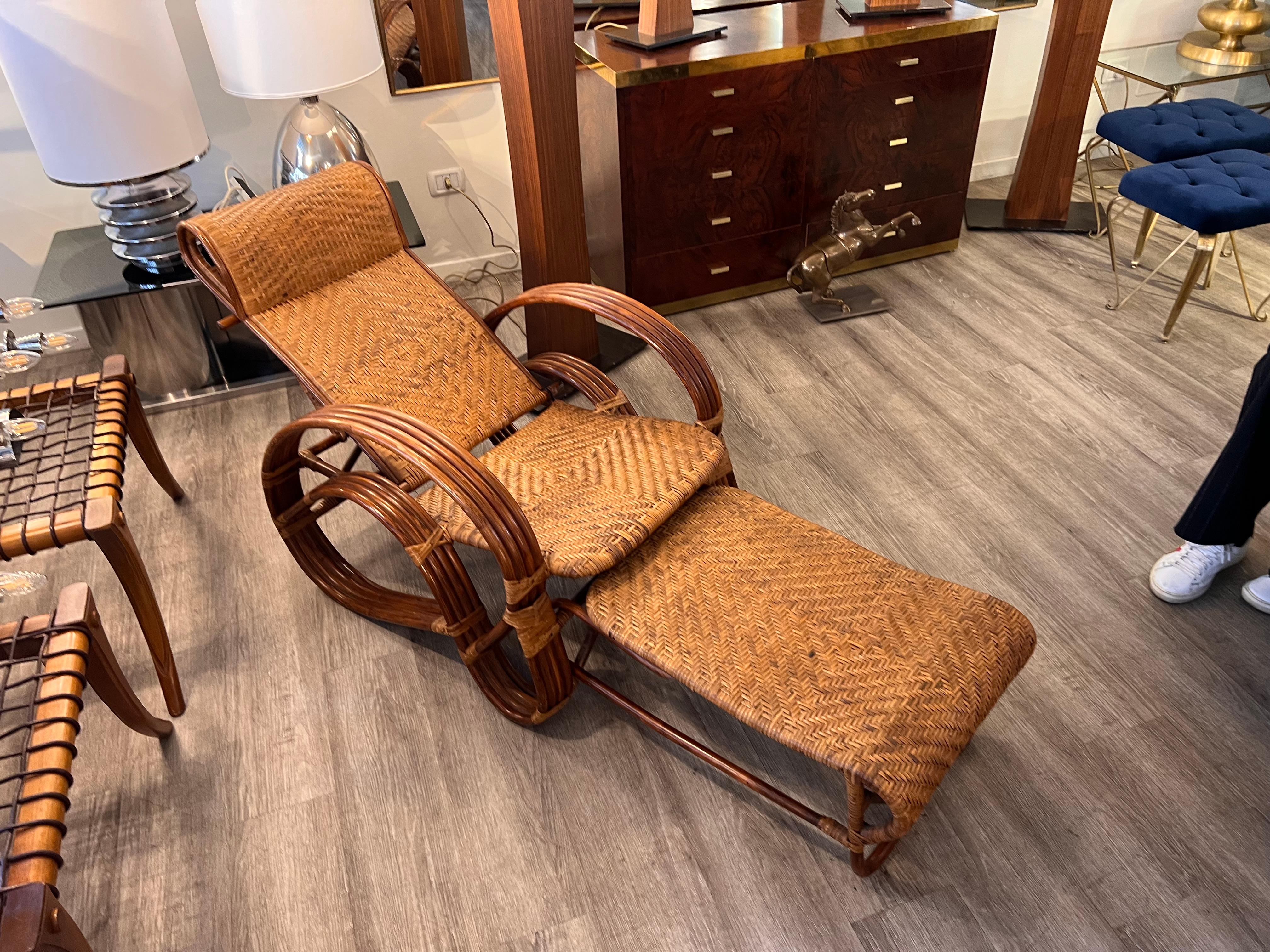 1960er Jahre Vintage Rattan und Bambus Verstellbarer und ausziehbarer Liegestuhl im Angebot 7