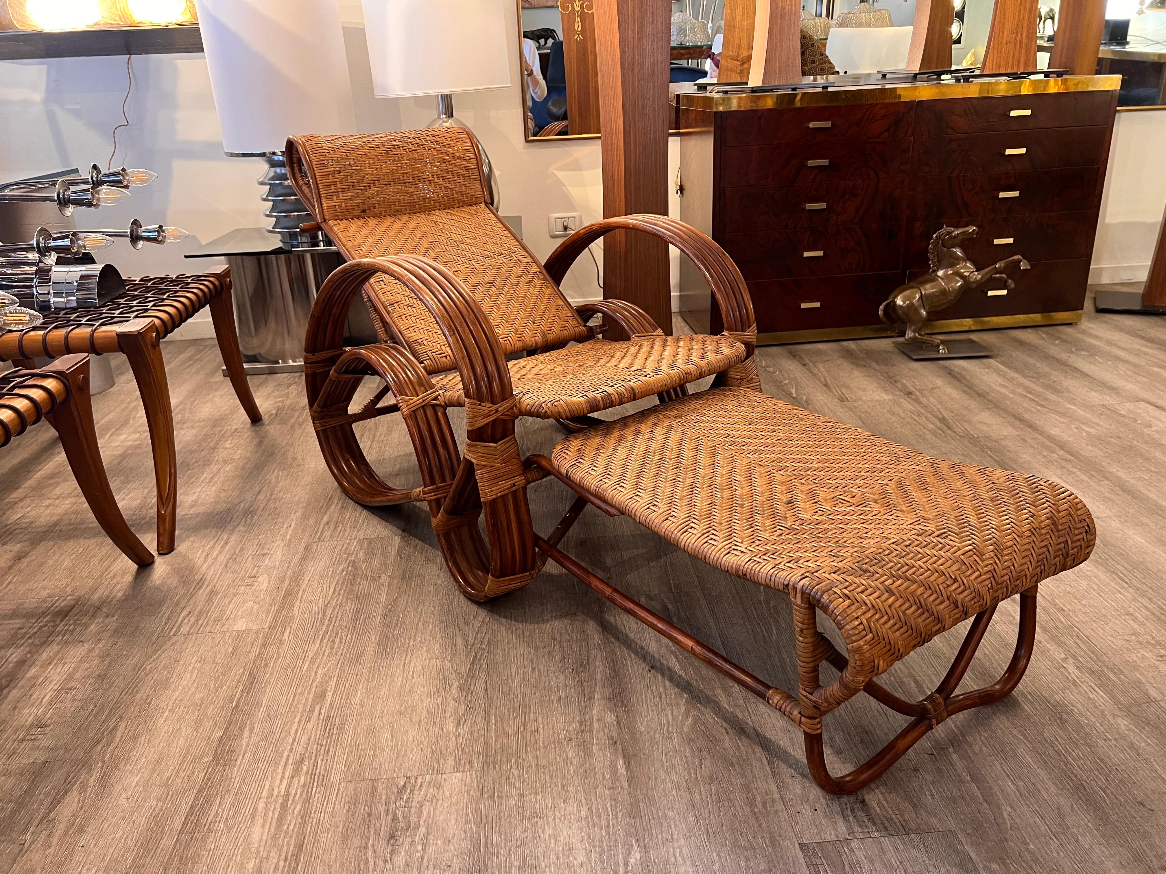 1960s Vintage Rattan and Bamboo Adjustable and Extendable Deckchair For Sale 11