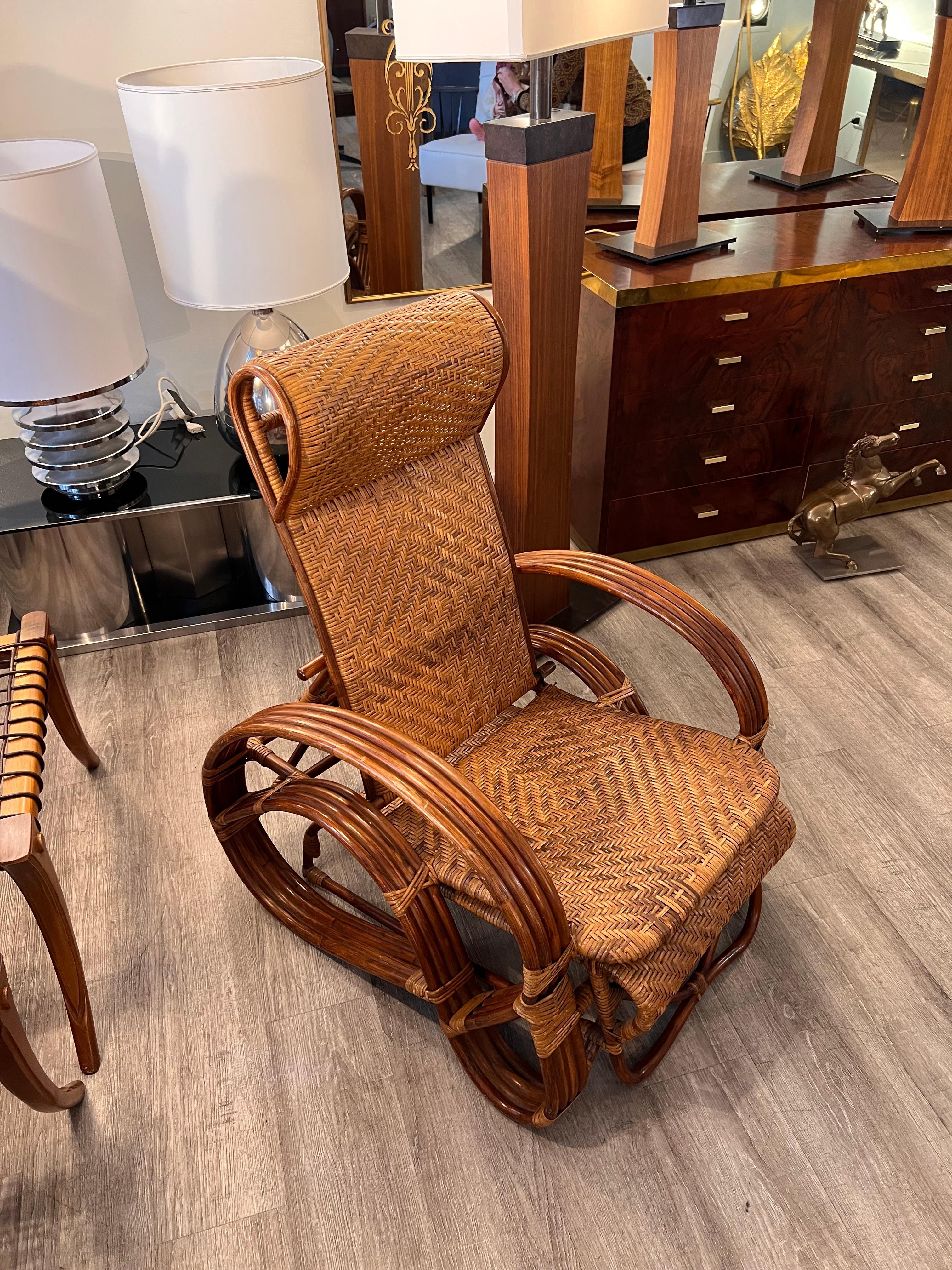 1960er Jahre Vintage Rattan und Bambus Verstellbarer und ausziehbarer Liegestuhl im Angebot 9