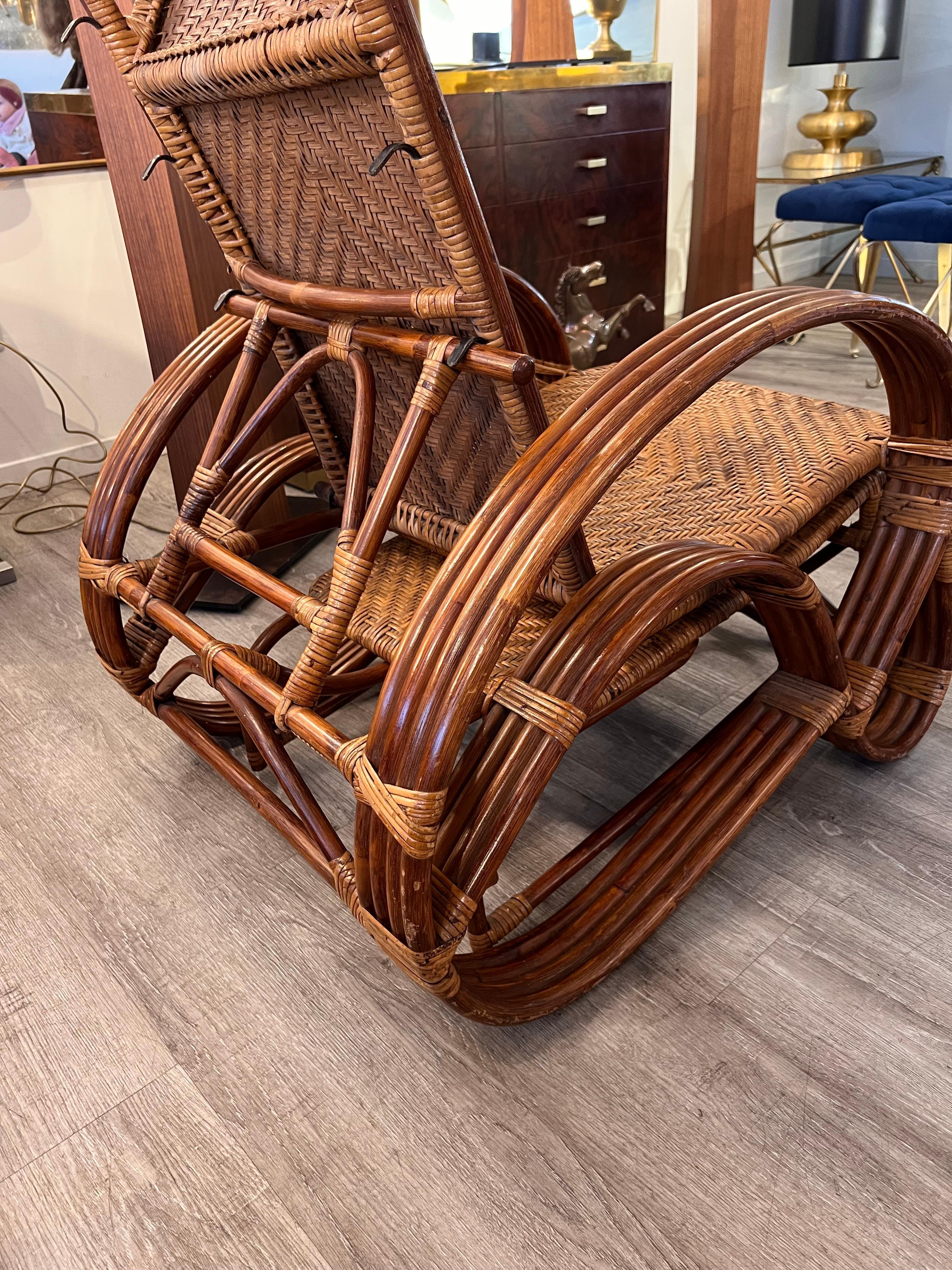 1960s Vintage Rattan and Bamboo Adjustable and Extendable Deckchair For Sale 15