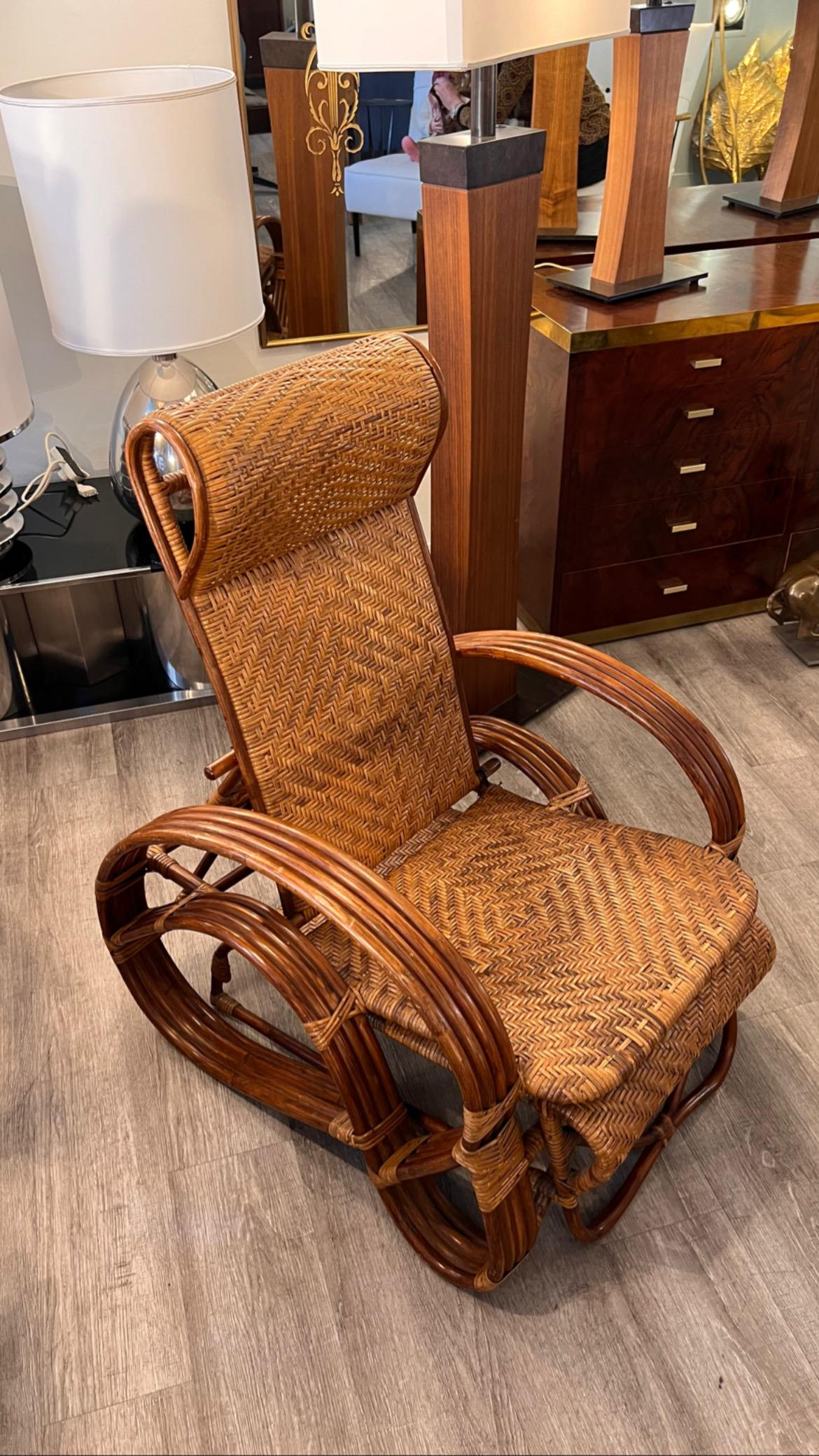Mid-20th Century 1960s Vintage Rattan and Bamboo Adjustable and Extendable Deckchair