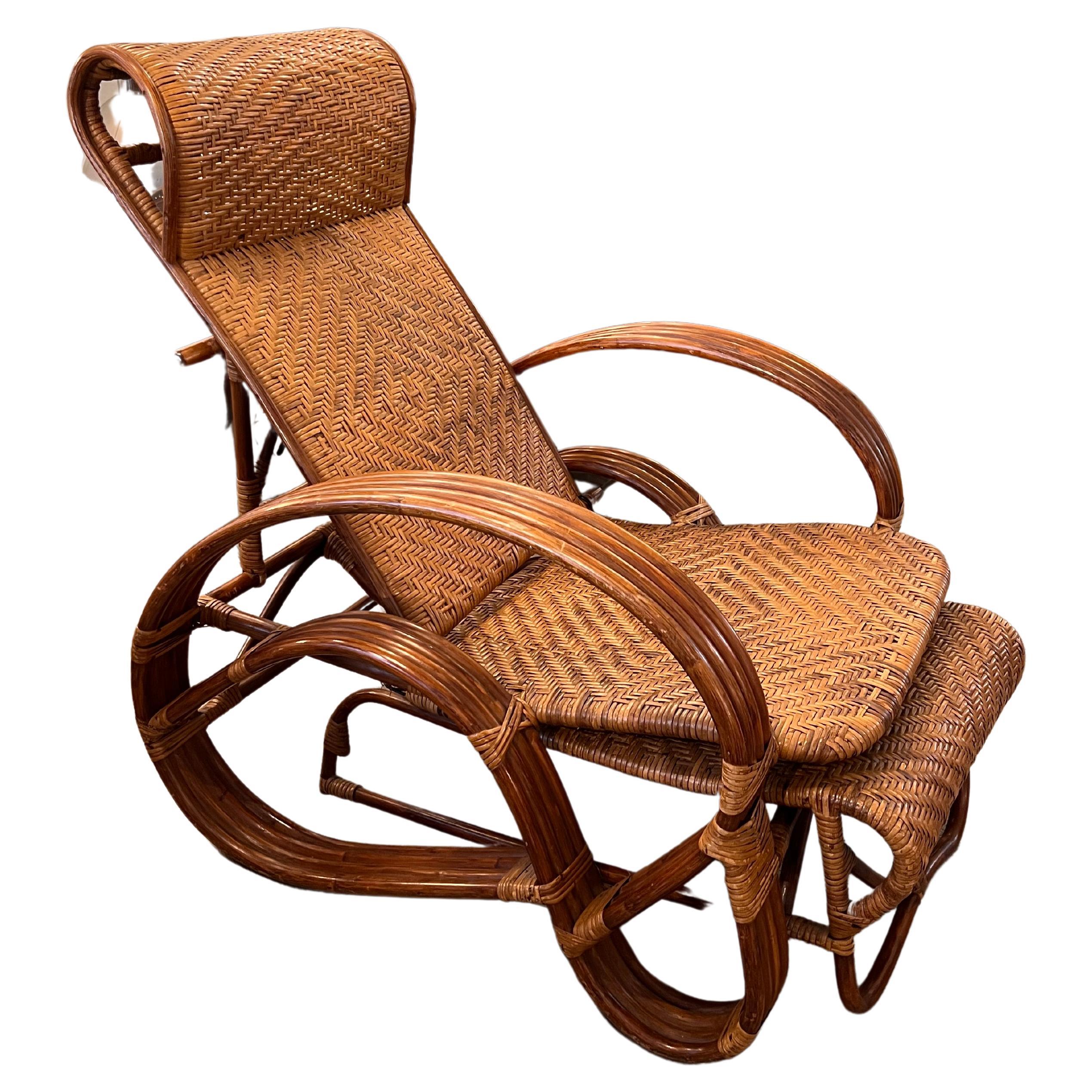 Chaise longue réglable et extensible en rotin et bambou des années 1960