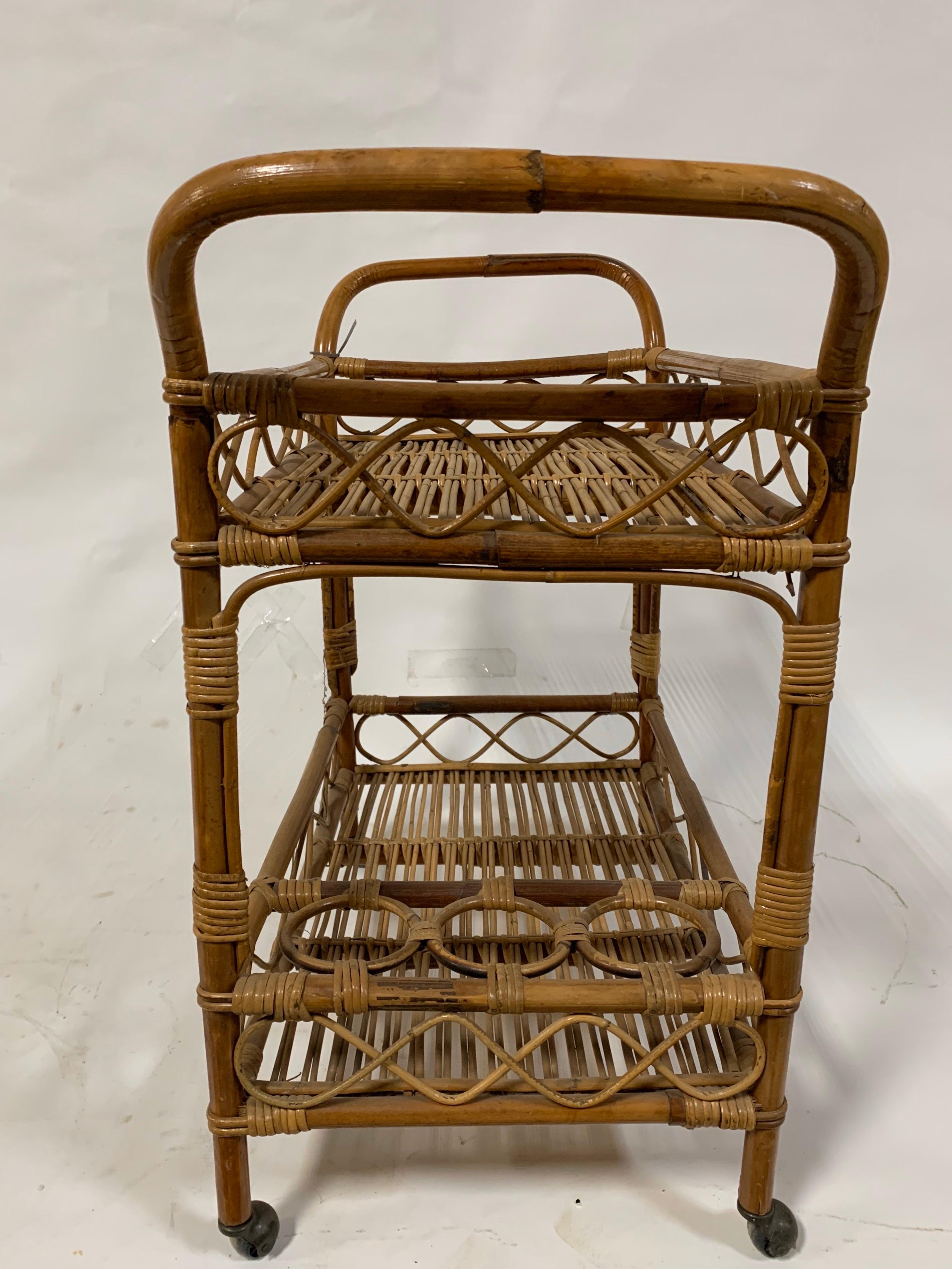 1960s Vintage Rattan Bar Cart In Good Condition In New York, NY