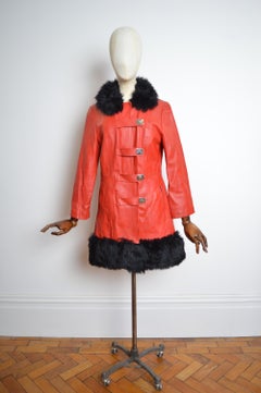 1960s Vintage Red Leather & Black fluffy collar shearling Penny Lane Coat Jacket