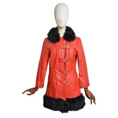 1960s Vintage Red Leather & Black fluffy collar shearling Penny Lane Coat Jacket