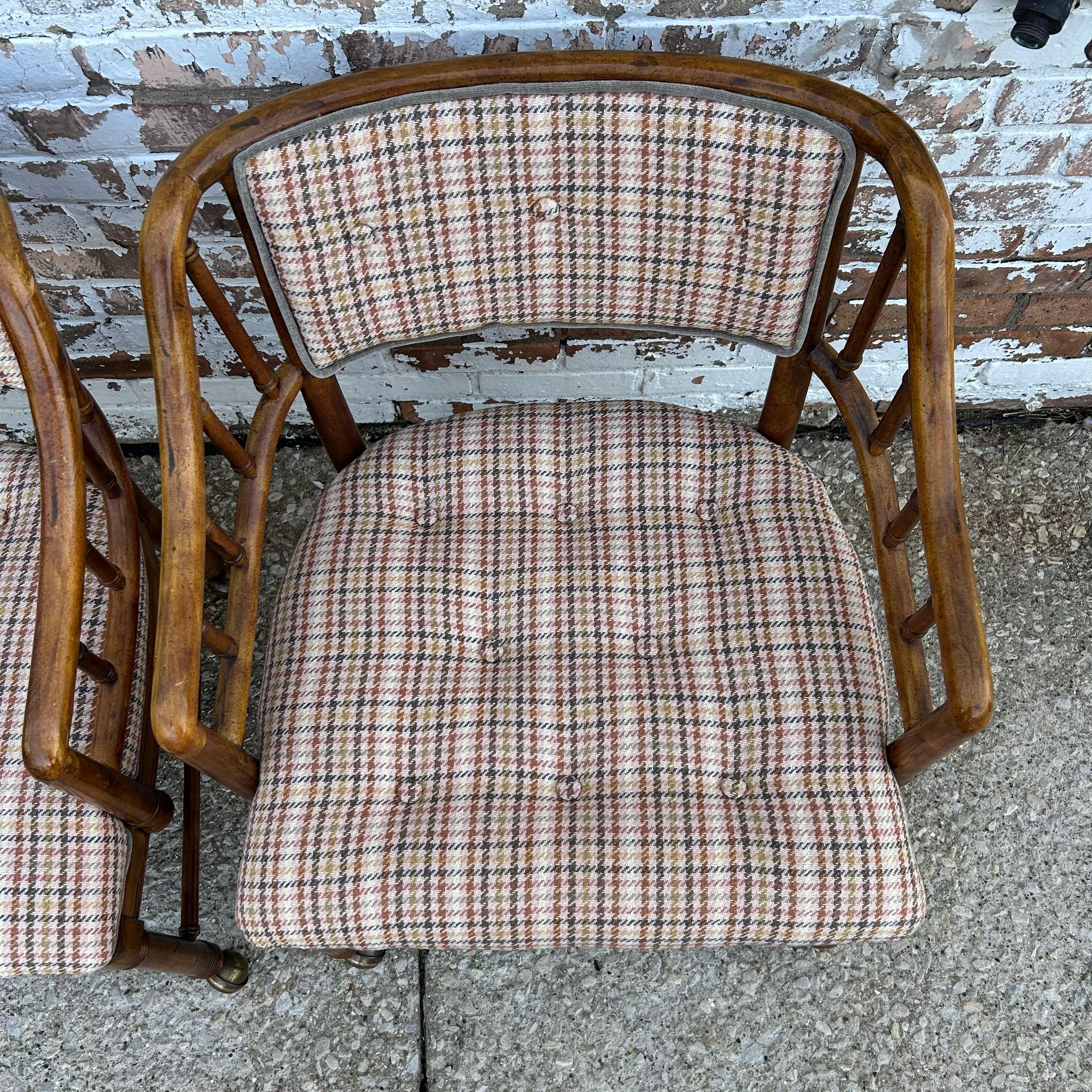 Mid-Century Modern 1960s Vintage Rolling Armchair Pair with Faux Bamboo Frames For Sale