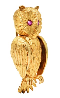 1960's Vintage Ruby 14 Karat Yellow Gold Owl Brooch