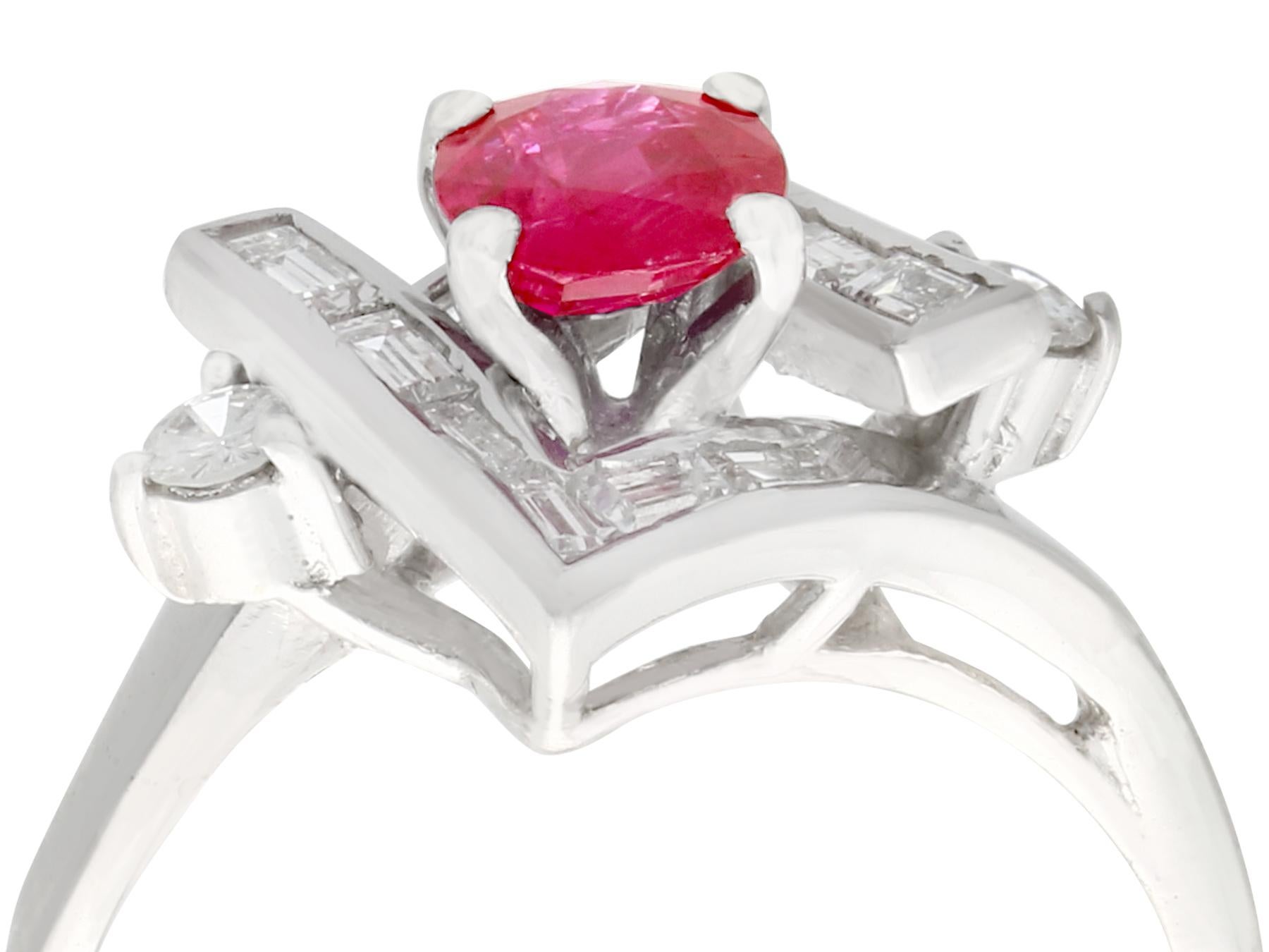 A fine and impressive 0.94 carat ruby and 0.60 carat diamond 18 karat white gold dress ring; part of our diverse vintage jewelry and collections.

This fine and impressive vintage ruby ring has been crafted in 18k white gold.

The substantial, Art