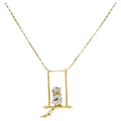 1960's Vintage Ruby Diamond 18 Karat Two-Tone Gold Caged Bird Pendant Necklace
