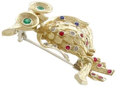 1960s Vintage Ruby Sapphire Emerald and Diamond Yellow Gold Owl Brooch