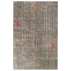 1960s Vintage Rug Gray Silver Field with Midcentury Geometric Pattern