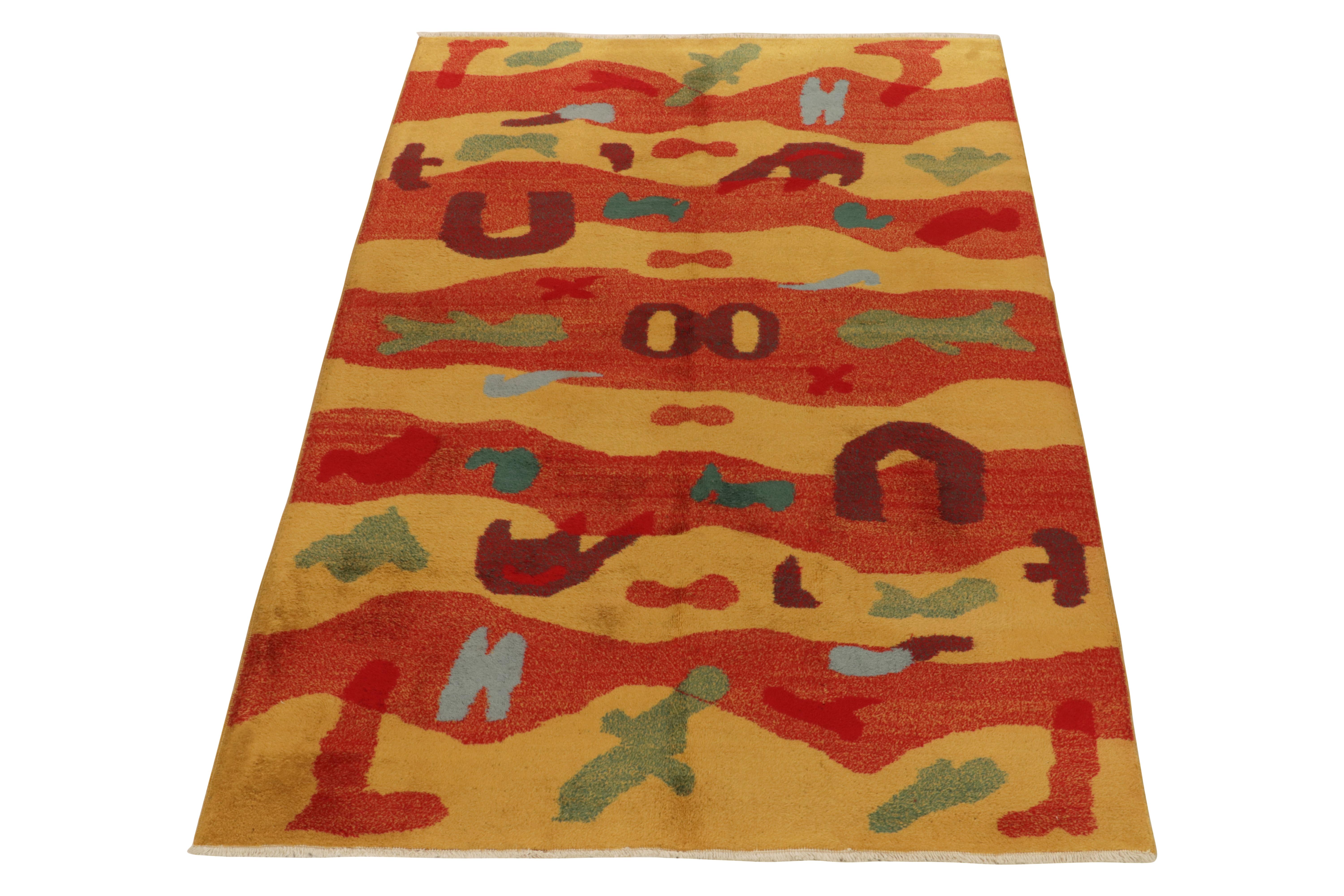 A specimen of artisanal conviction, this 5x8 vintage distressed rug emanates the exclusivity of the Turkish style in the 1960s. 

Employing hand-knotted wool, this phenomenal drawing from a bold Turkish designer witnesses a distinctive geometric