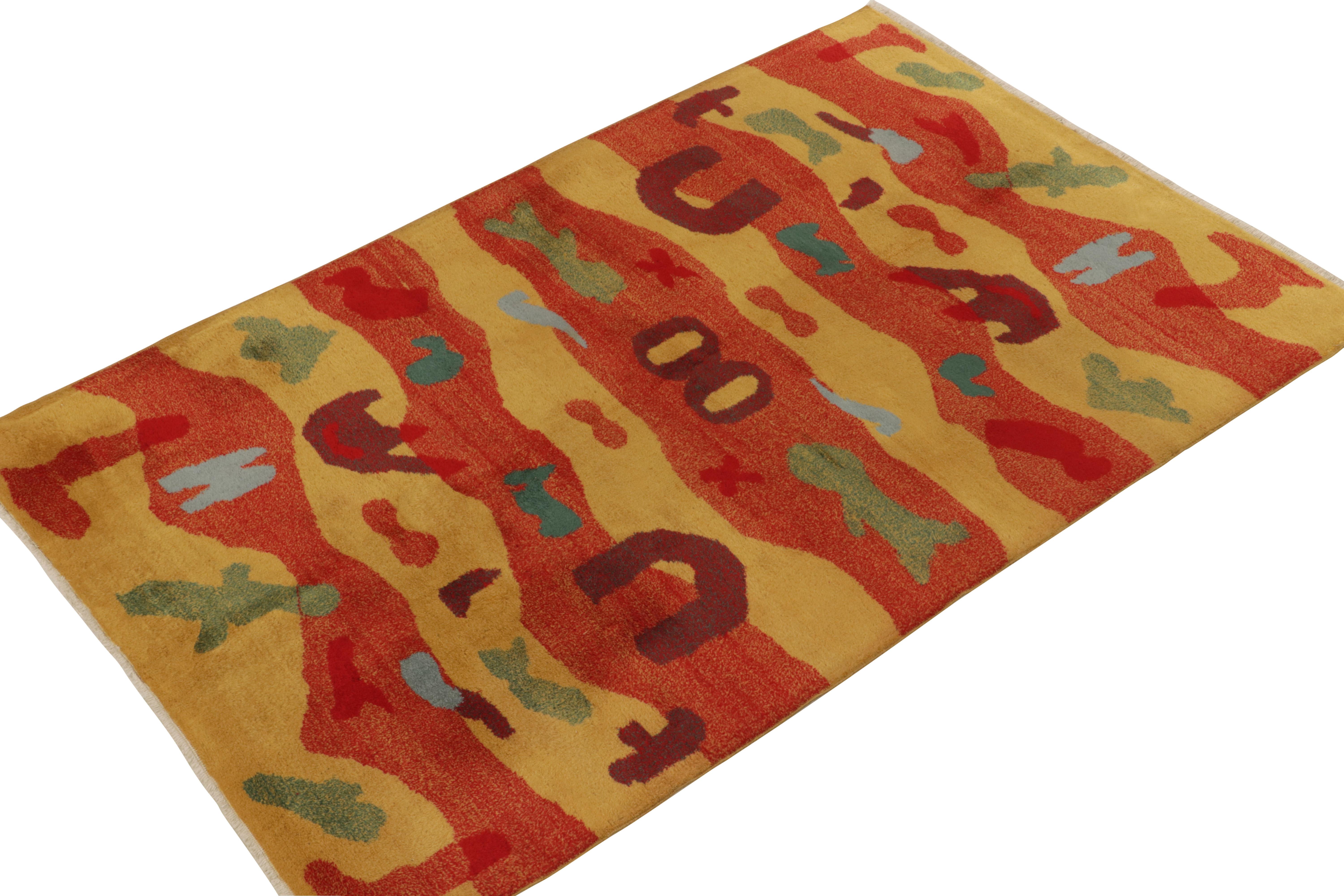Mid-Century Modern 1960s Vintage Rug in Vibrant Red Gold Retro Pattern Bold Abstract by Rug & Kilim For Sale