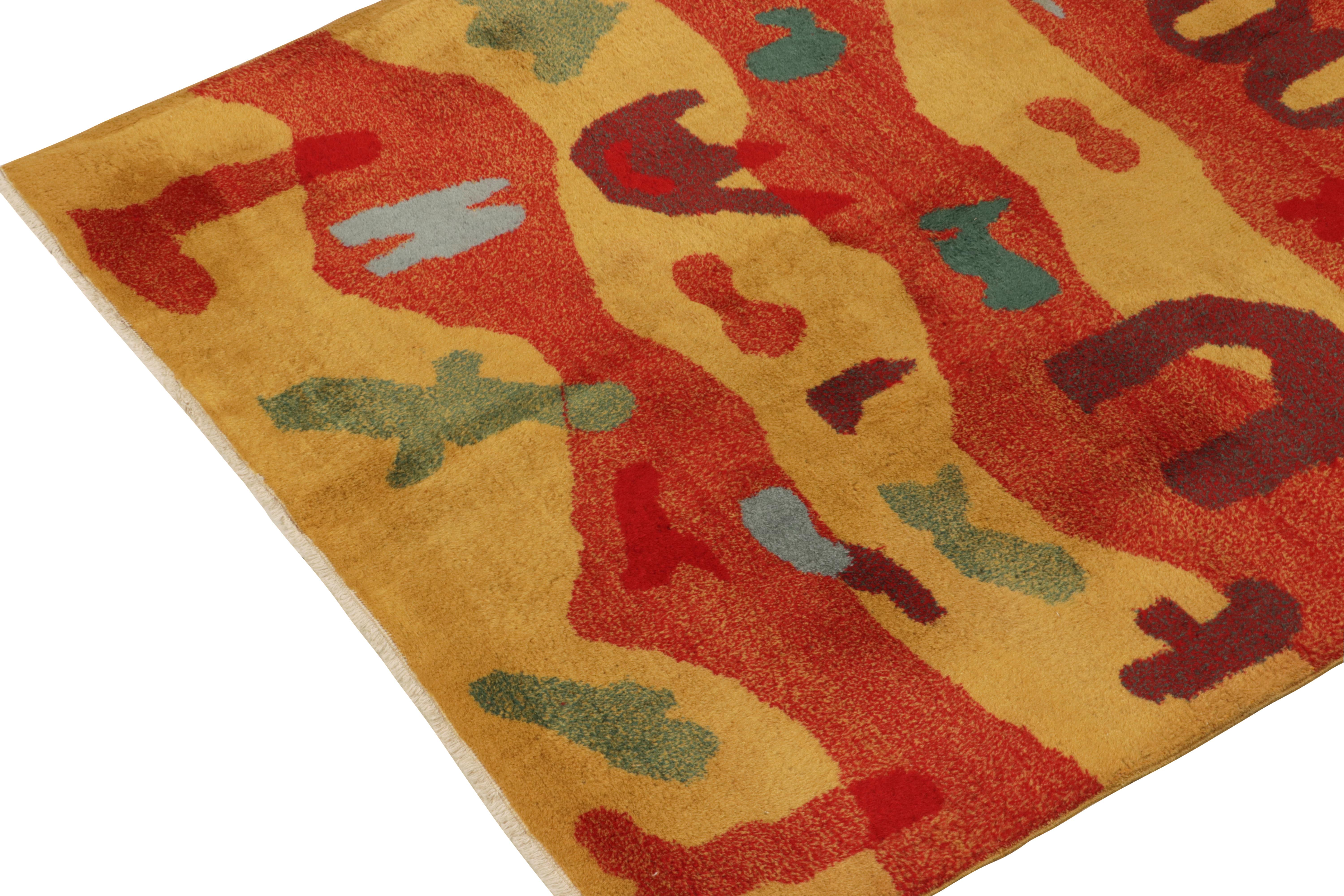 Hand-Knotted 1960s Vintage Rug in Vibrant Red Gold Retro Pattern Bold Abstract by Rug & Kilim For Sale