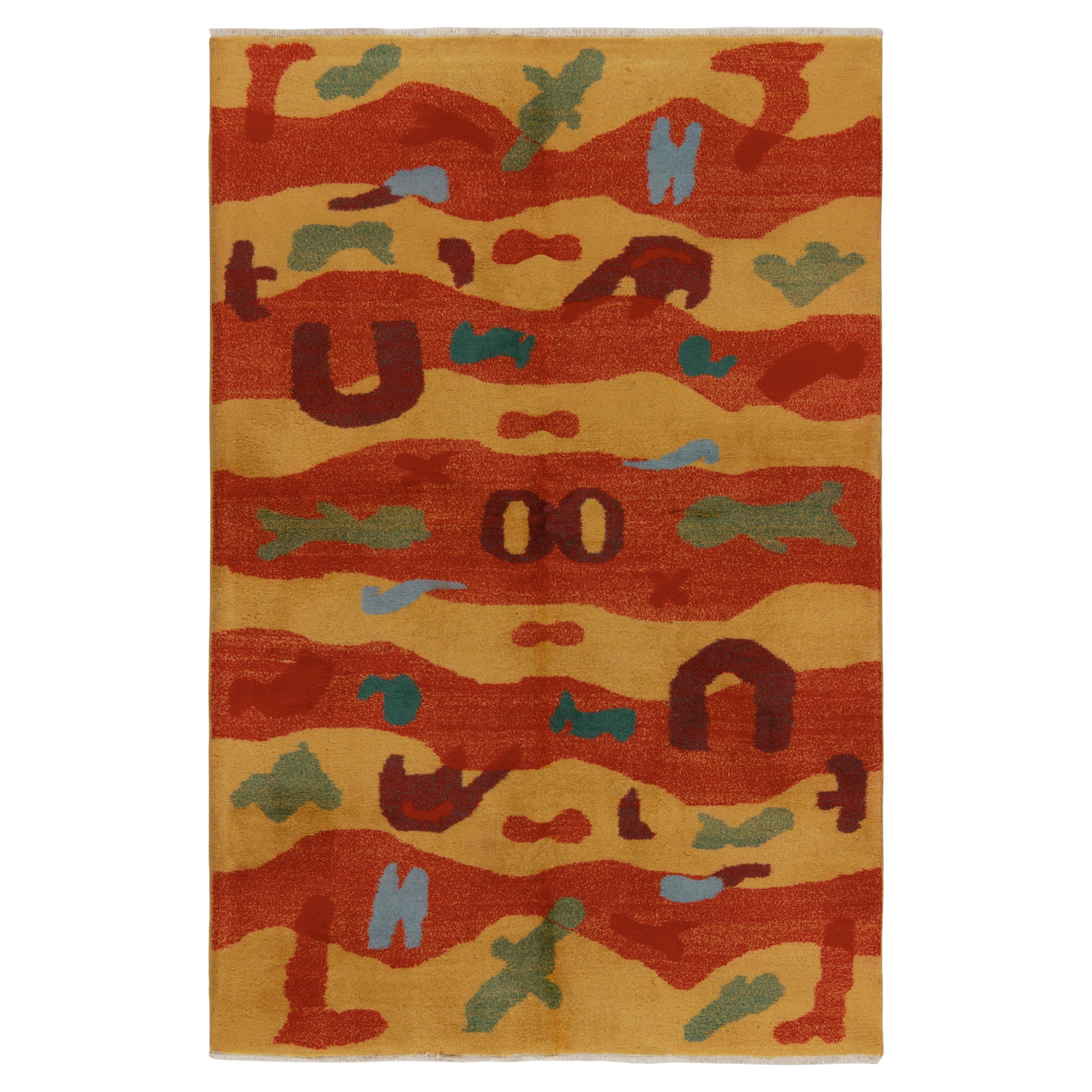 1960s Vintage Rug in Vibrant Red Gold Retro Pattern Bold Abstract by Rug & Kilim For Sale