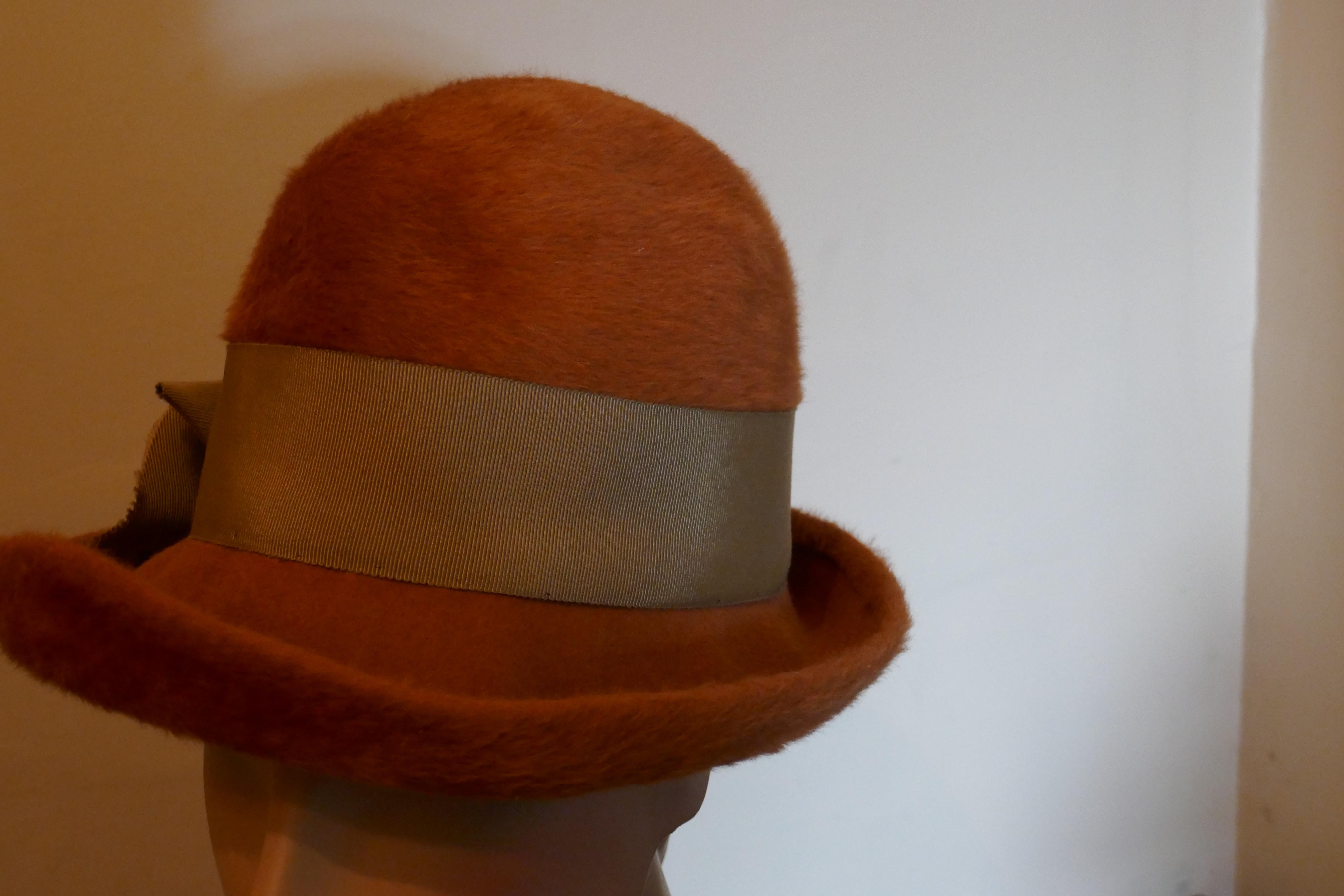 Brown 1960s Vintage Rust Coloured Furry Felt Wool Cloche Hat,  By Edward Mann