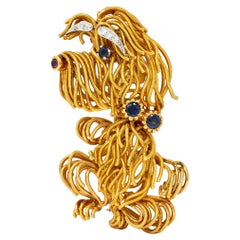 1960's Vintage Sapphire Ruby Diamond 18 Karat Gold Whimsical Maltese Dog Brooch