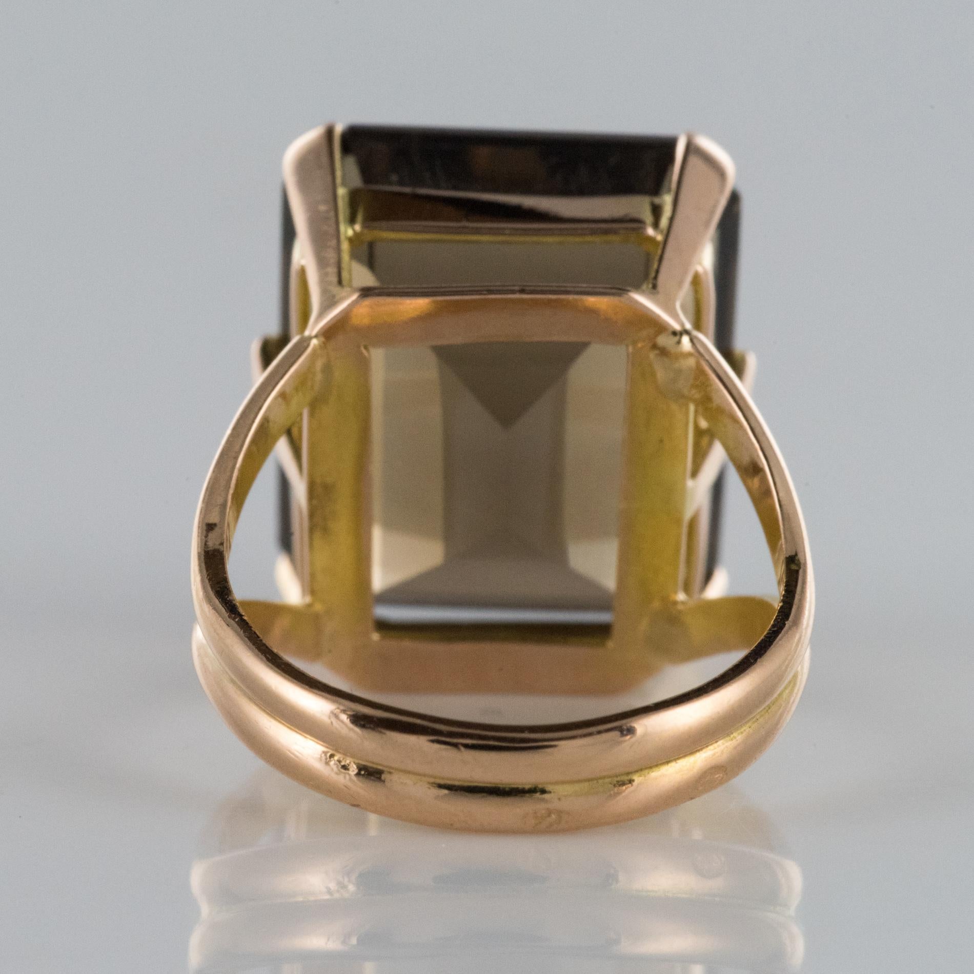 Emerald Cut 1960s Retro Smoky Quartz 18 Karat Yellow Gold Ring