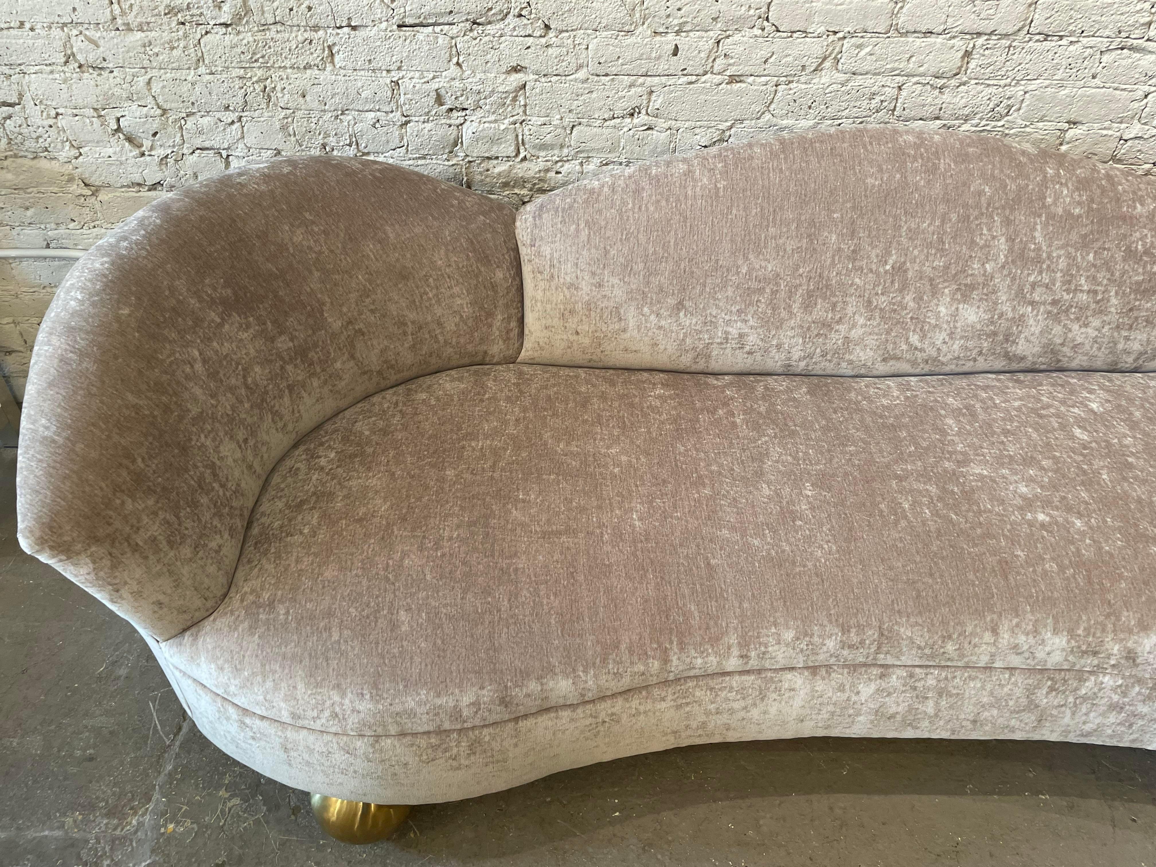 I adore this sofa - from the 60s we removed the original yellow fabric, streamlined the sewing in this two toned velvet and added custom brass feet. Absolutely darling with good scale (95”W 36”D 31”H)